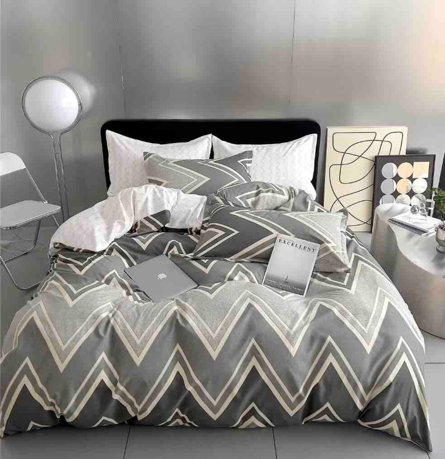 Lenjerie pat single 1 Persoana, 4 PIESE, Bumbac Finet, Elegant, Multicolor, J23719