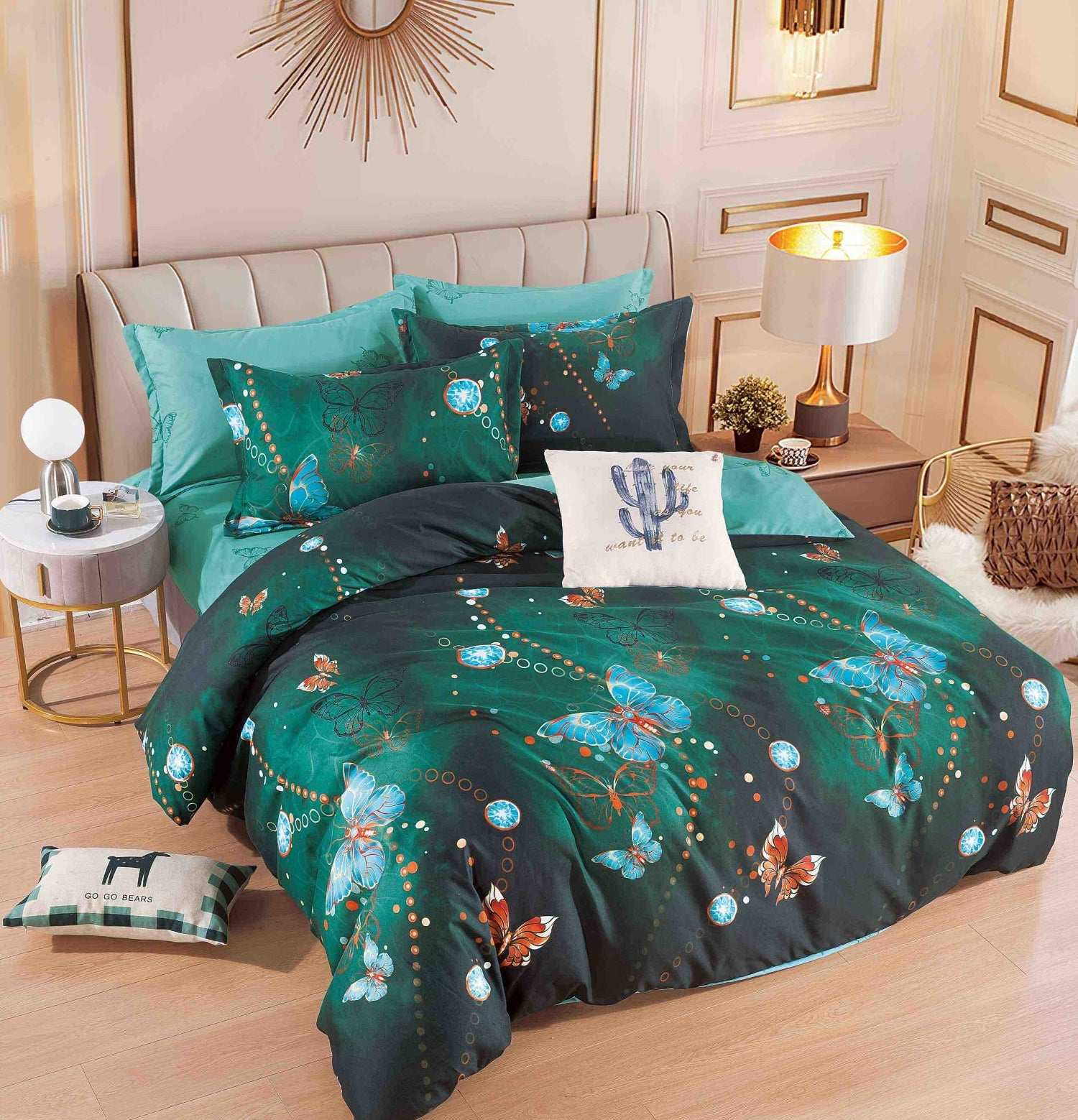 Lenjerie pat single 1 Persoana, 4 PIESE, Bumbac Finet, Fluturi, Verde, J23716