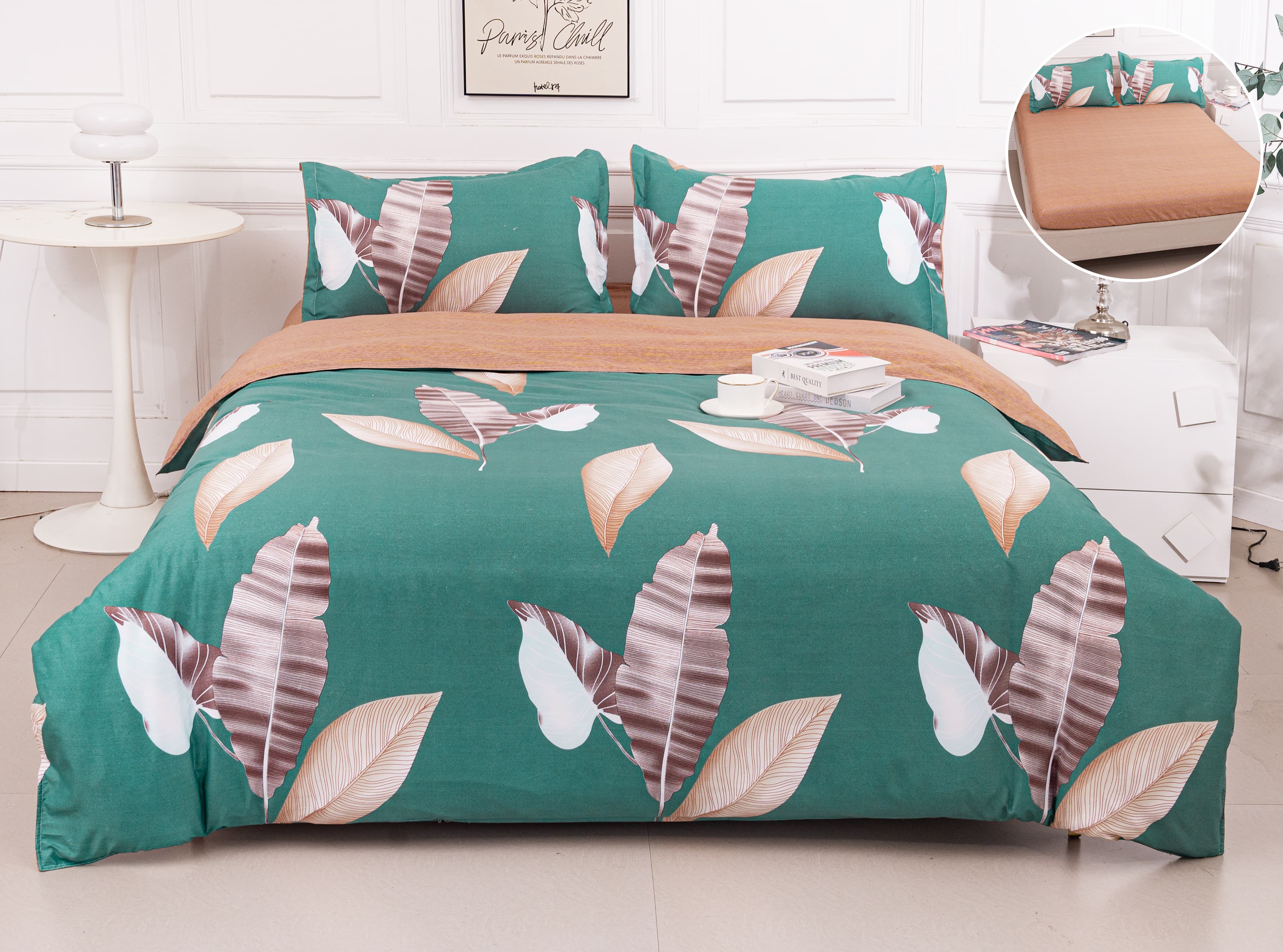Lenjerie Pat Dublu Bumbac Satinat cu Elastic – Frunze Verde Smarald, 4 Piese, 180×200, PT1038-Elastic