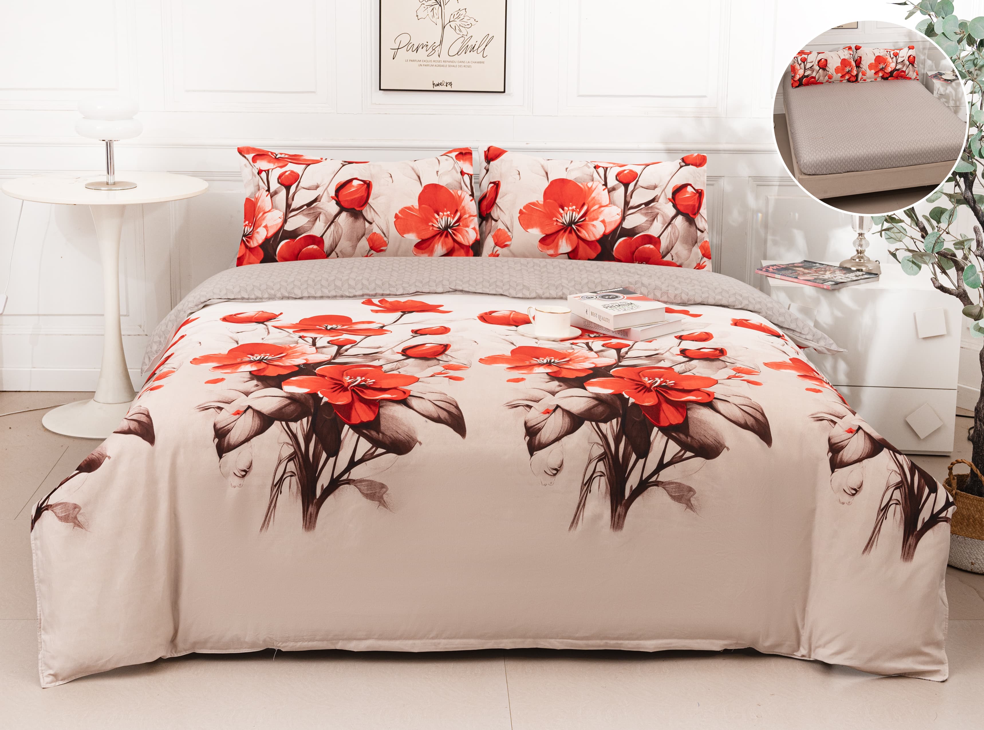 Lenjerie Pat Dublu Bumbac Satinat cu Elastic – Flori Roșii pe Bej, 4 Piese, 180×200, PT1040-Elastic