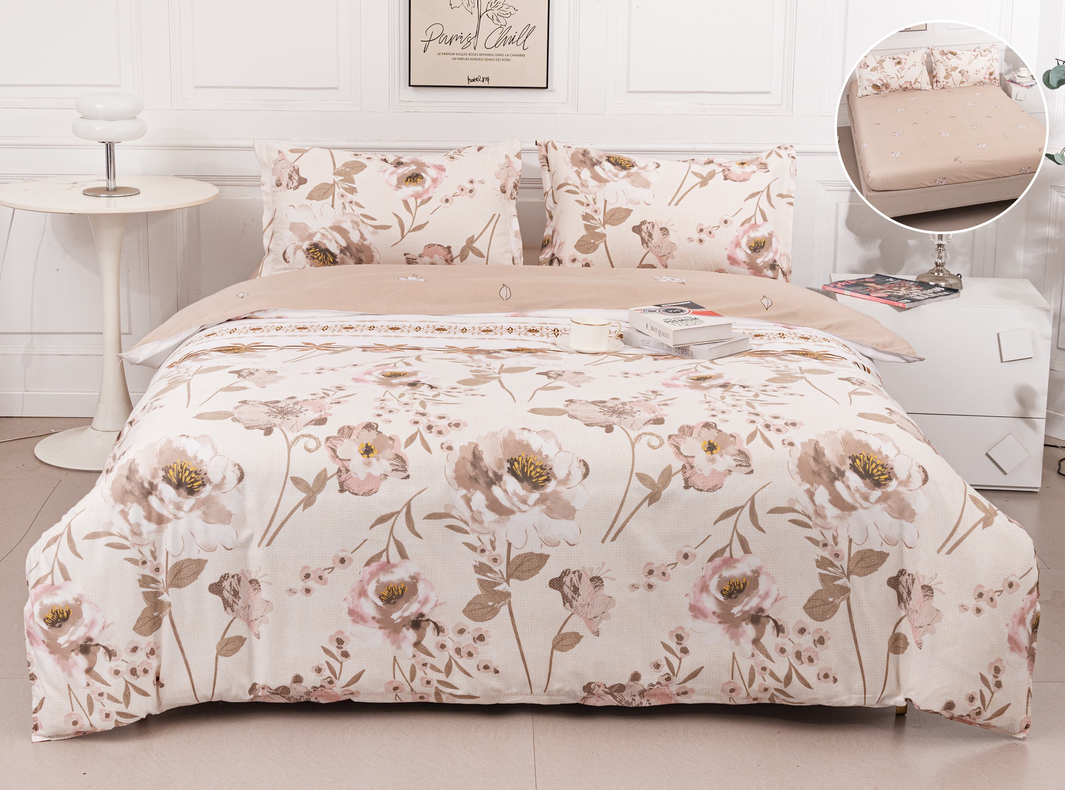 Pachet Promotional, Lenjerie Pat Dublu, 4 Piese, Bumbac Satinat, Floricele, Crem/Maro, PT1076-Elastic