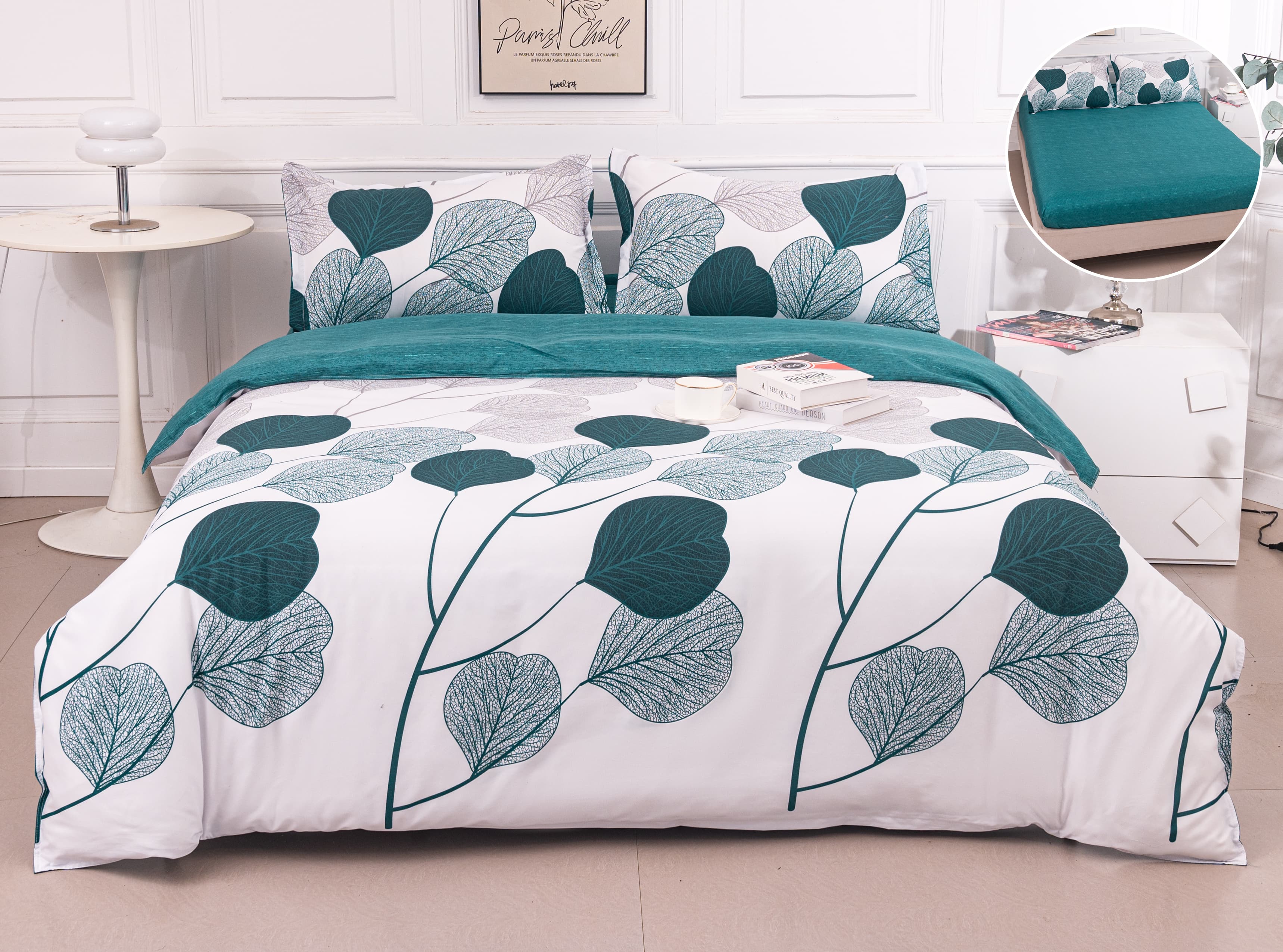 Lenjerie Pat Dublu Bumbac Satinat cu Elastic – Frunze Ginkgo Teal, 4 Piese, 180×200, PT1042-Elastic