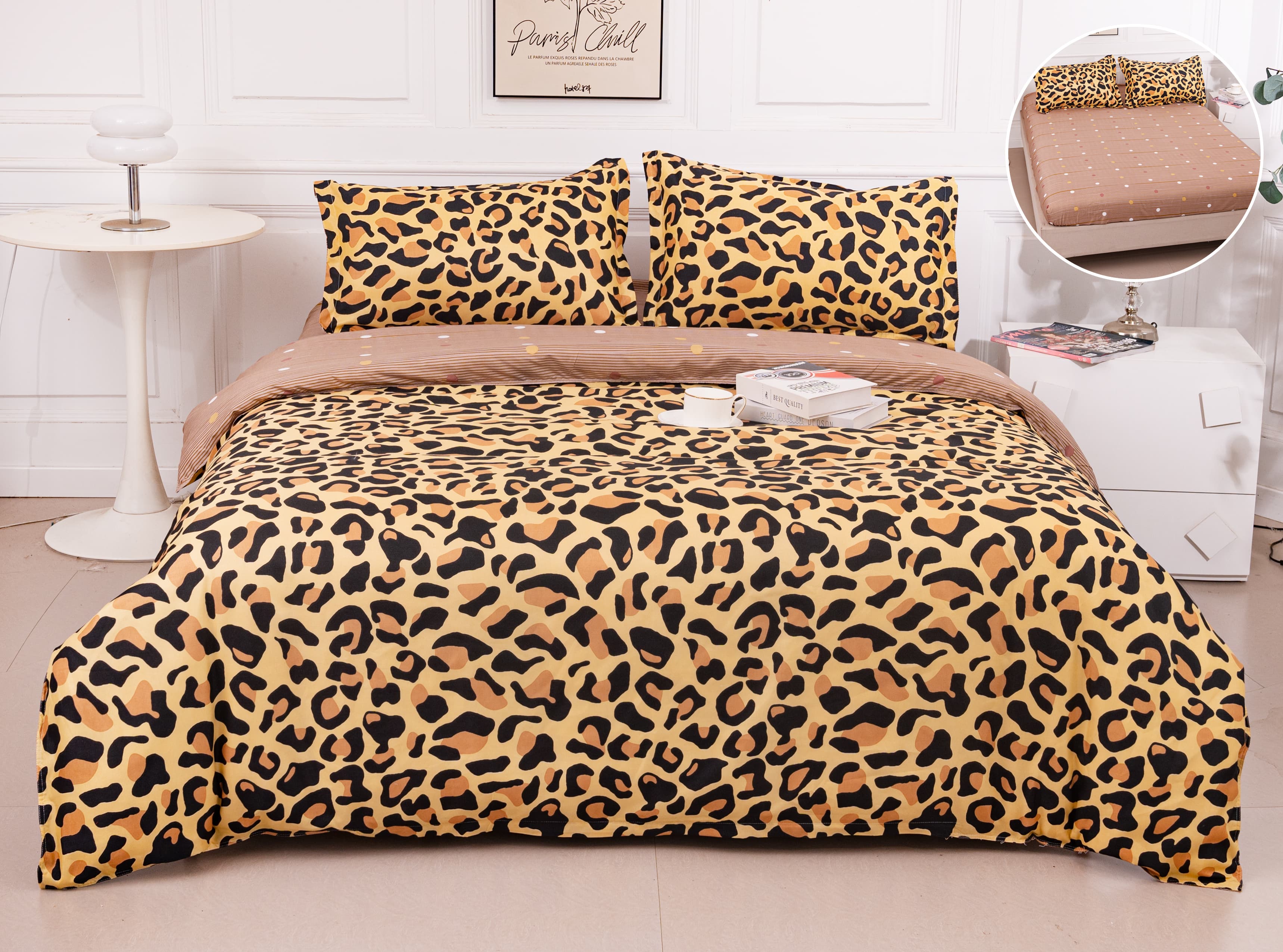 Pachet Promotional, Lenjerie Pat Dublu, 4 Piese, Bumbac Satinat, Animal Print, Maro/Negru, PT1078-Elastic