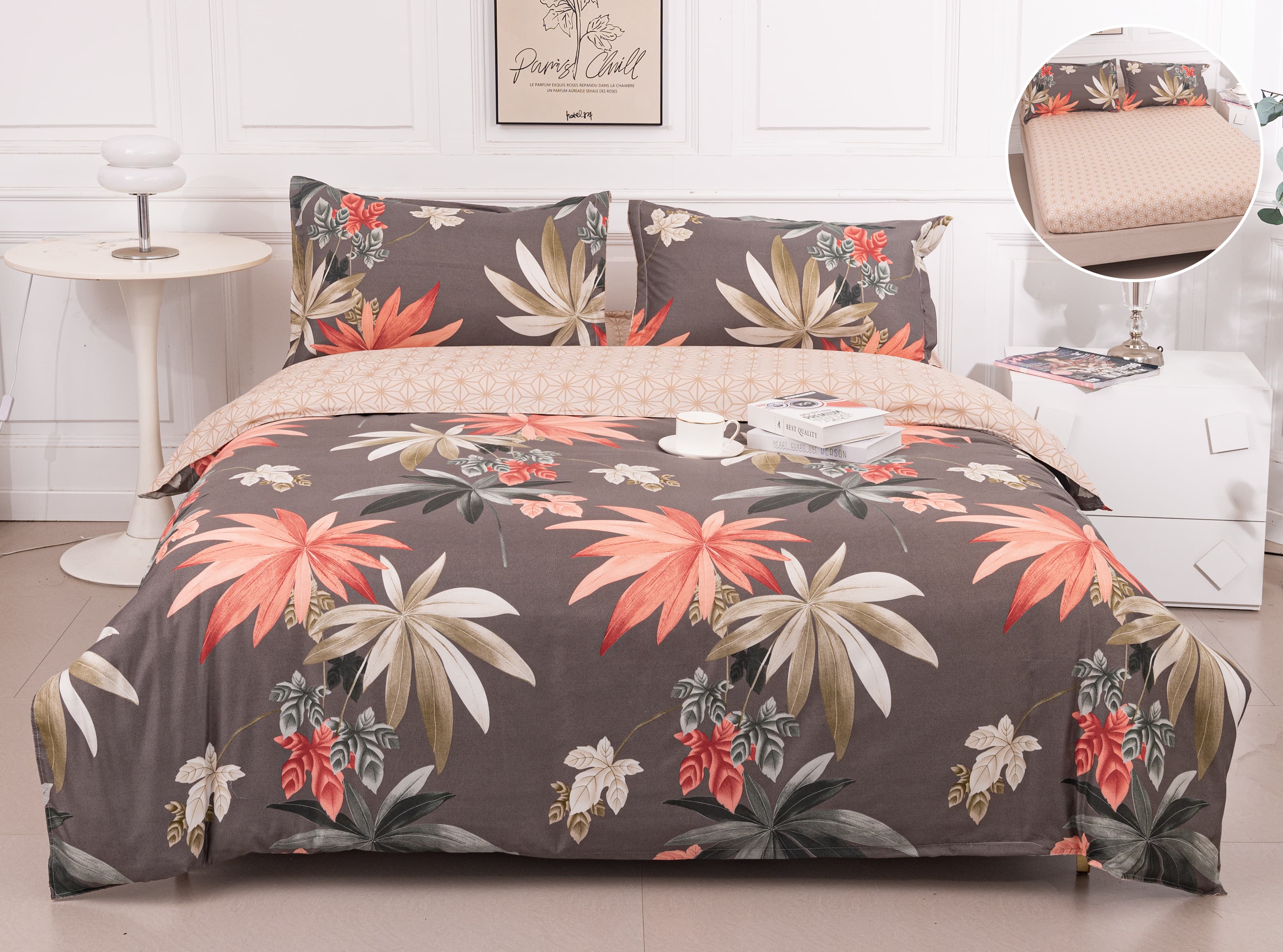 Lenjerie Pat Dublu Bumbac Satinat cu Elastic – Grădină Tropicală, Tonuri Antracit, Corai, Ivoire, 4 Piese, 180×200, PT1044-Elastic