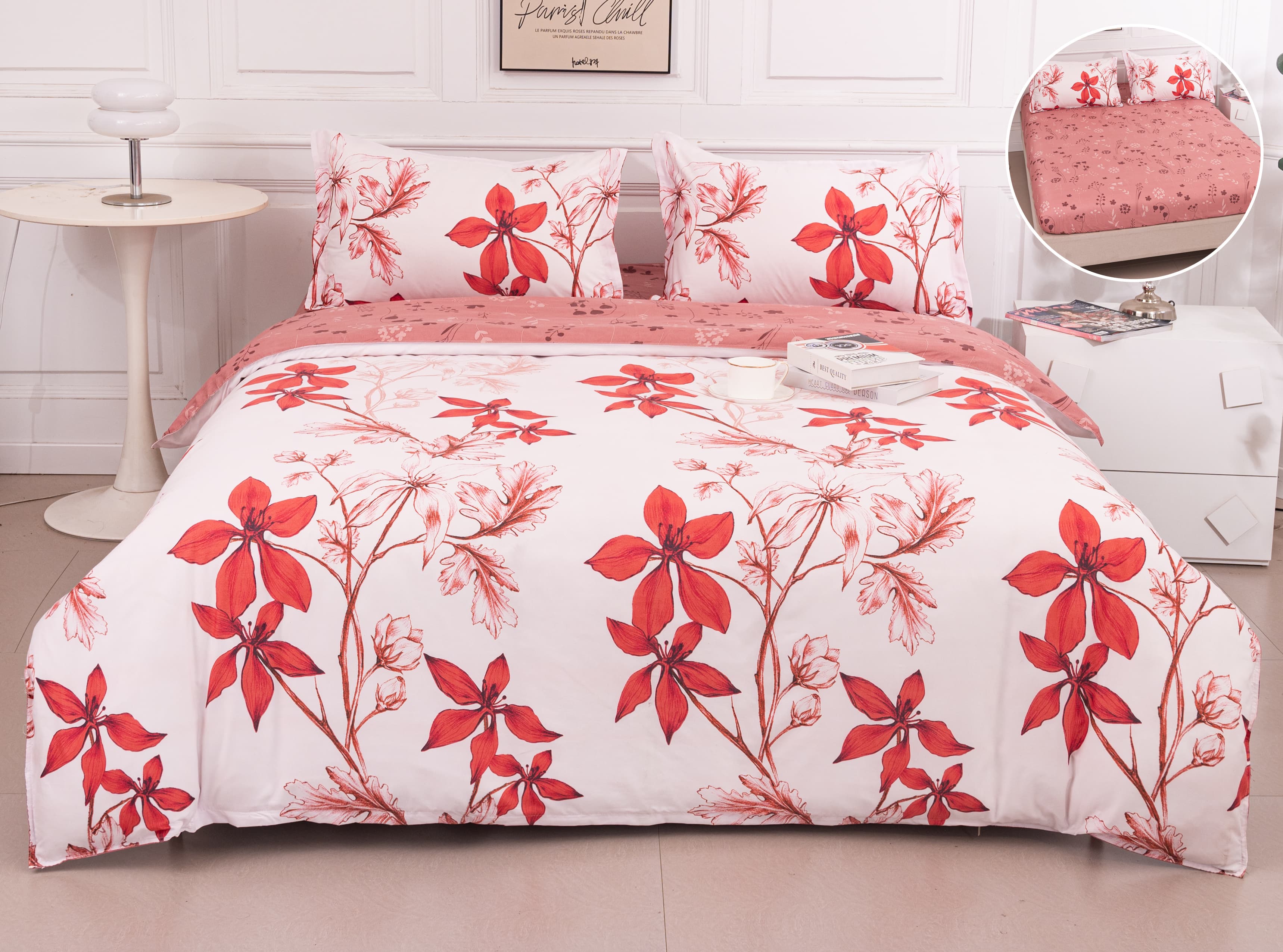 Pachet Promotional, Lenjerie Pat Dublu, 4 Piese, Bumbac Satinat, Floricele, Multicolor, PT1081-Elastic