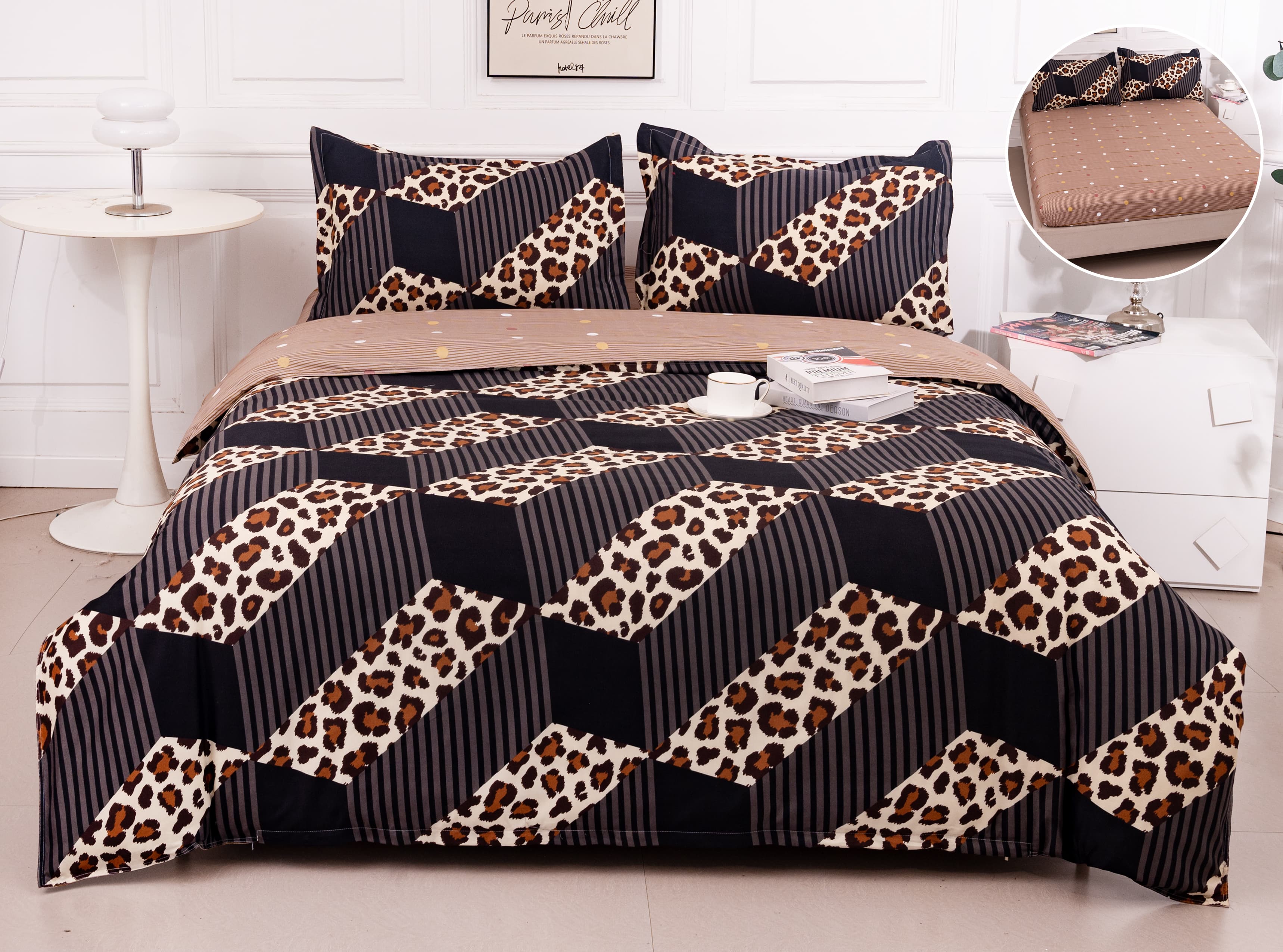 Pachet Promotional, Lenjerie Pat Dublu, 4 Piese, Bumbac Satinat, Animal Print, Maro/Negru, PT1082-Elastic