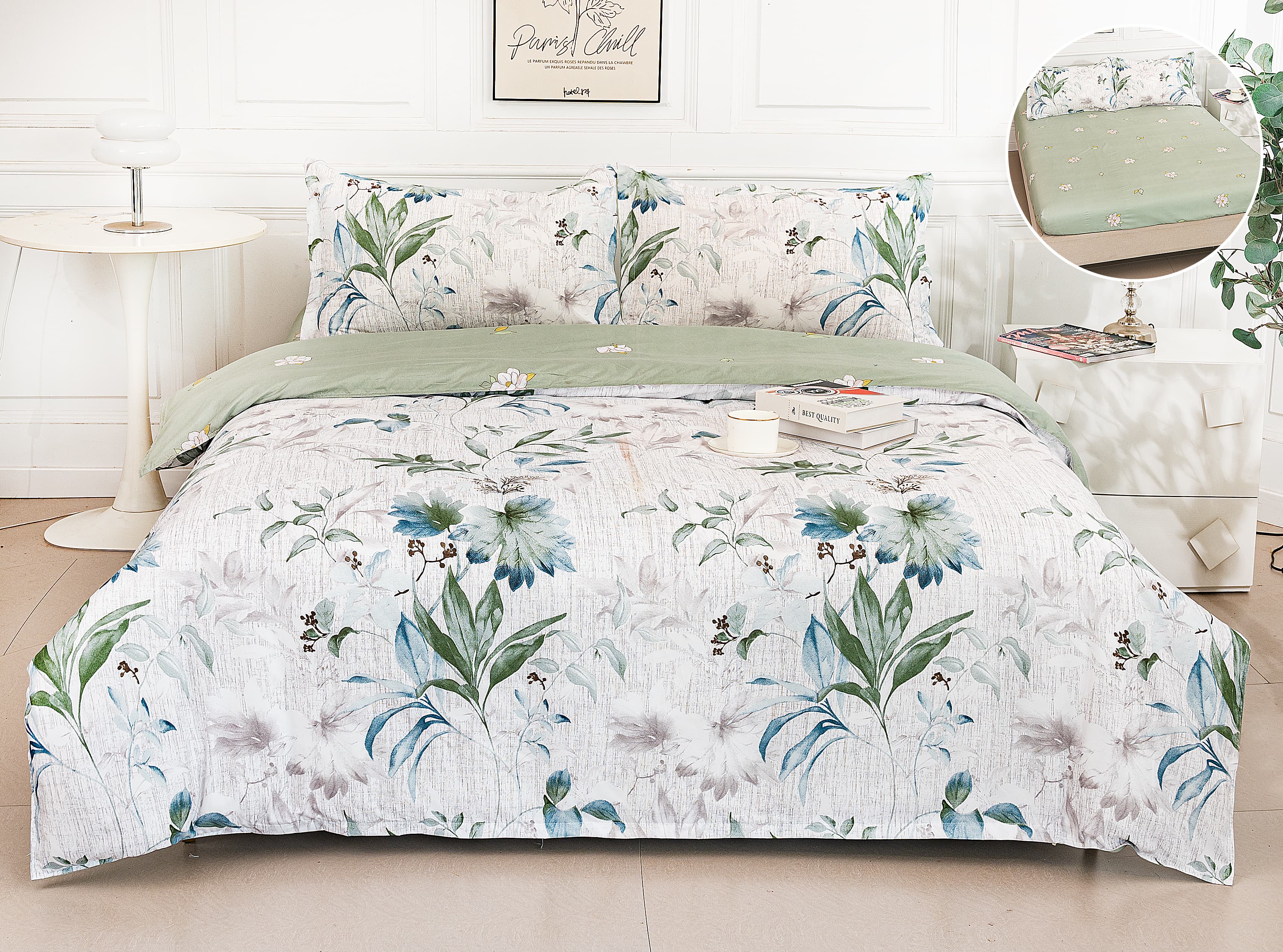 Pachet Promotional, Lenjerie Pat Dublu, 4 Piese, Bumbac Satinat, Floricele, Alb/Verde, PT1083-Elastic