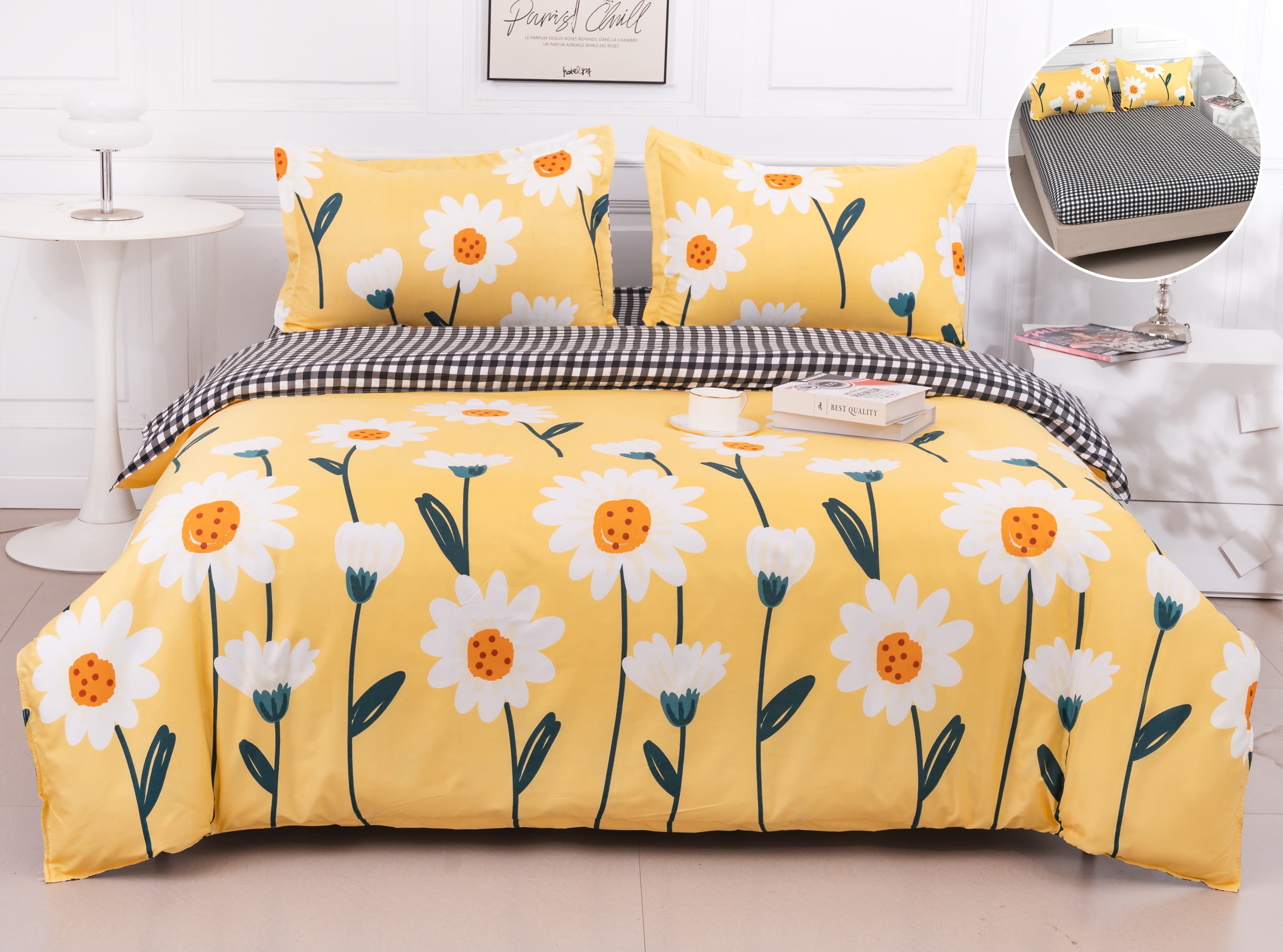 Pachet Promotional, Lenjerie Pat Dublu, 4 Piese, Bumbac Satinat, Floricele, Galben, PT1084-Elastic