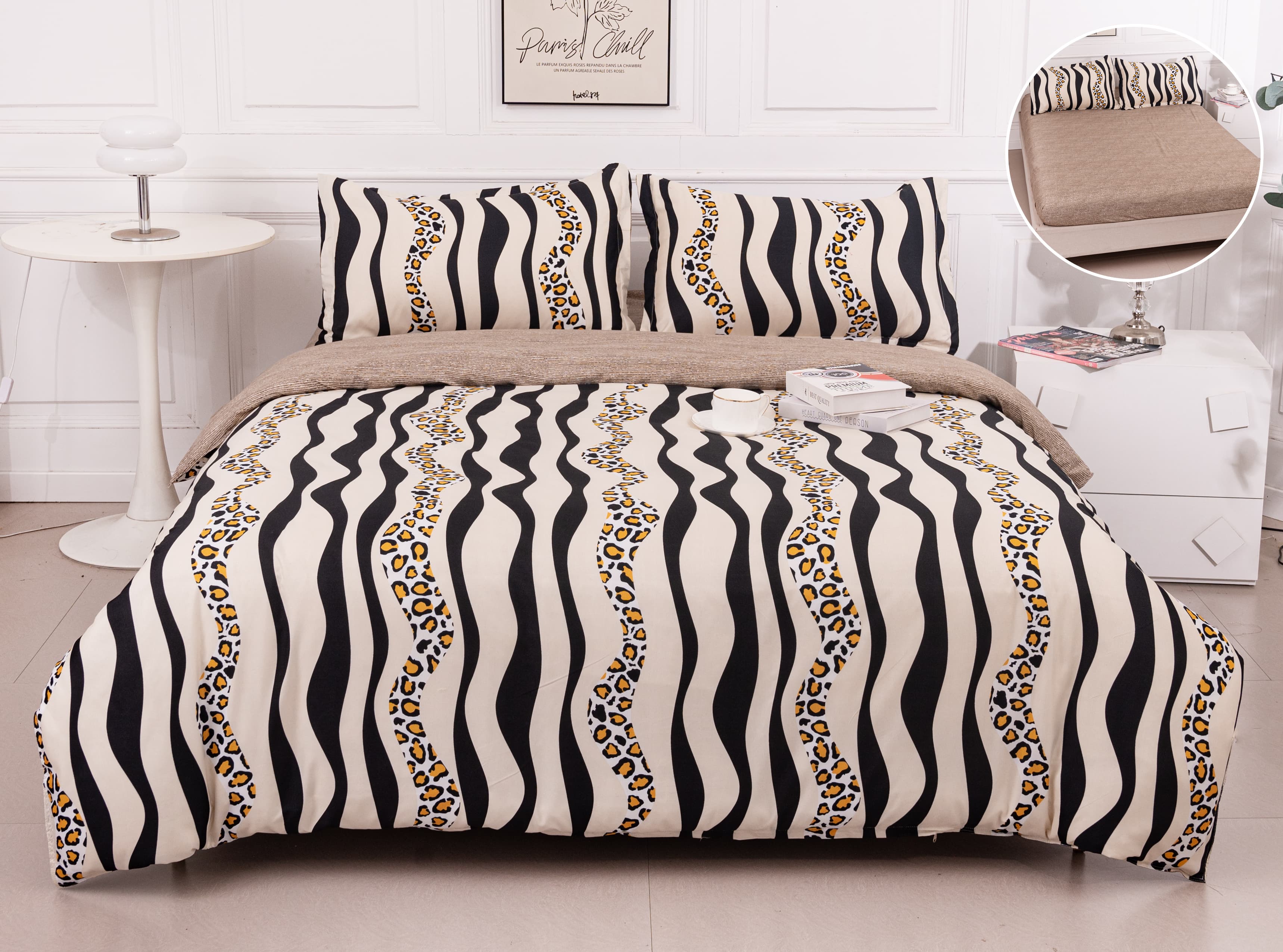 Pachet Promotional, Lenjerie Pat Dublu, 4 Piese, Bumbac Satinat, Leopard, Maro/Crem, PT1085-Elastic
