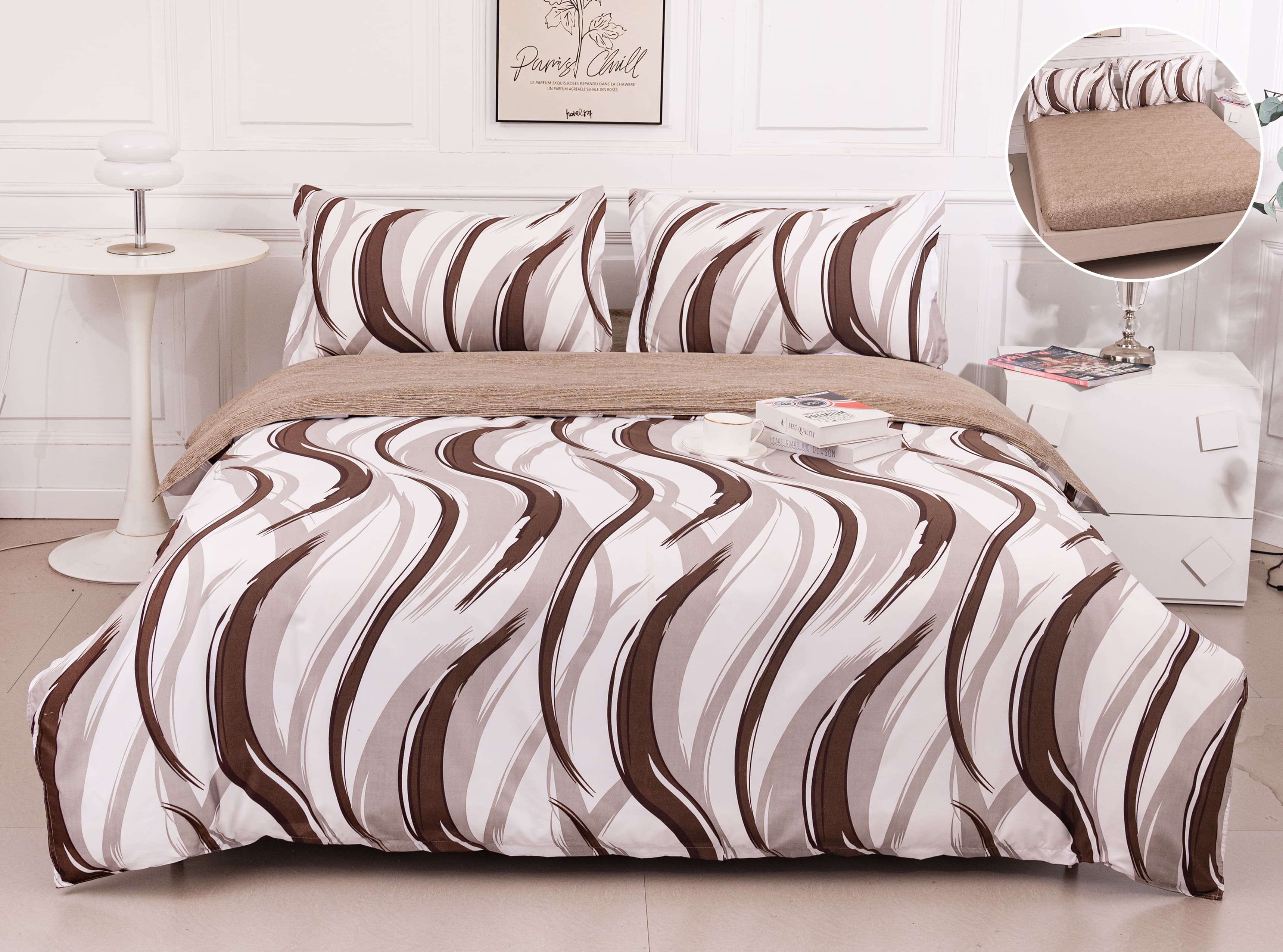 Pachet Promotional, Lenjerie Pat Dublu, 4 Piese, Bumbac Satinat, Linii, Maro/Crem, PT1087-Elastic
