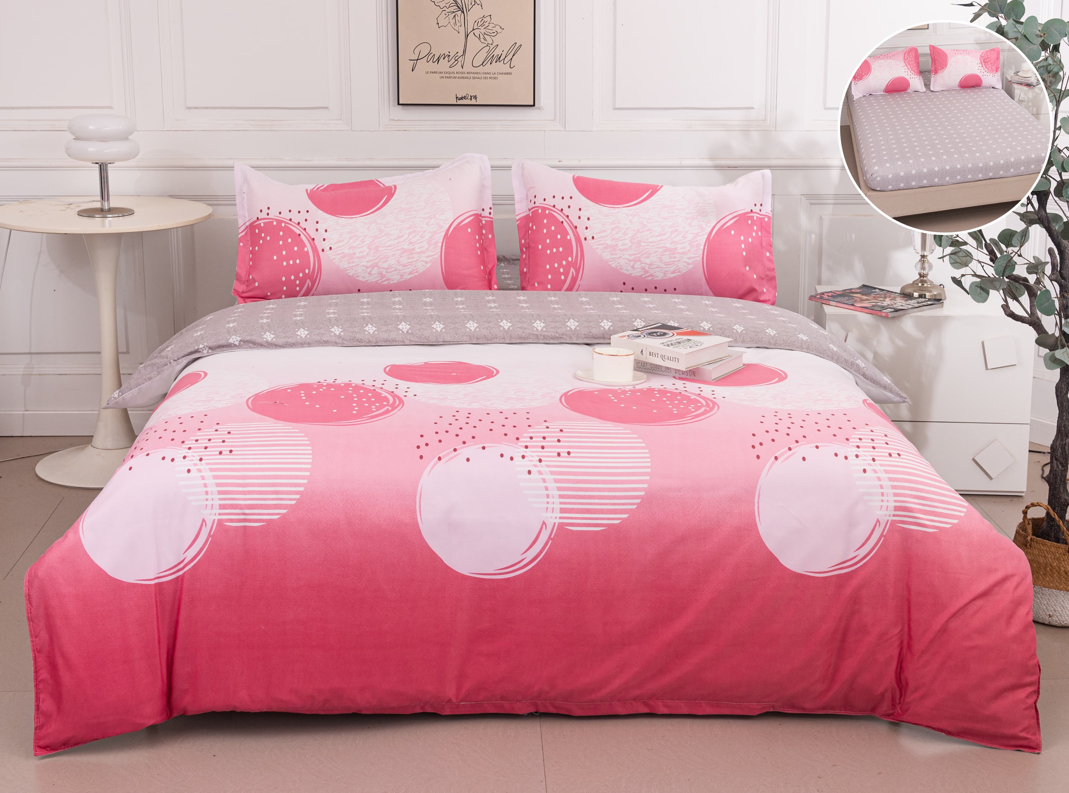 Pachet Promotional, Lenjerie Pat Dublu, 4 Piese, Bumbac Satinat, Baloane, Roz, PT1088-Elastic