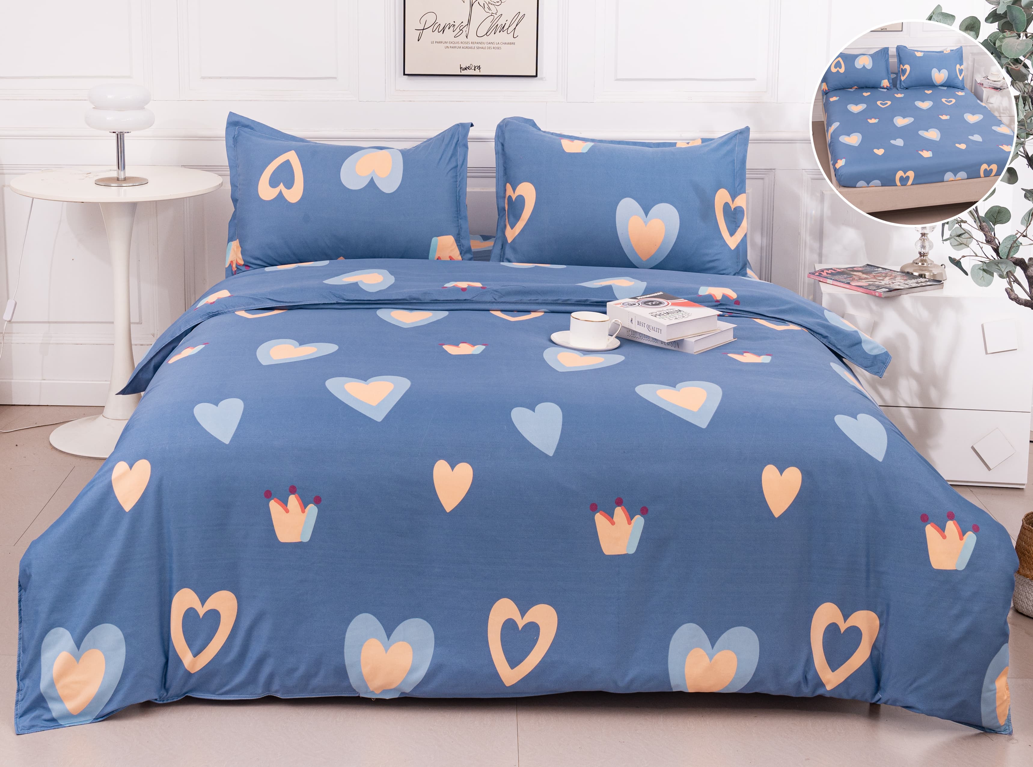 Lenjerie Pat Dublu Bumbac Satinat cu Elastic – Inimi, Albastru Denim, 4 Piese, 180×200, PT1046-Elastic