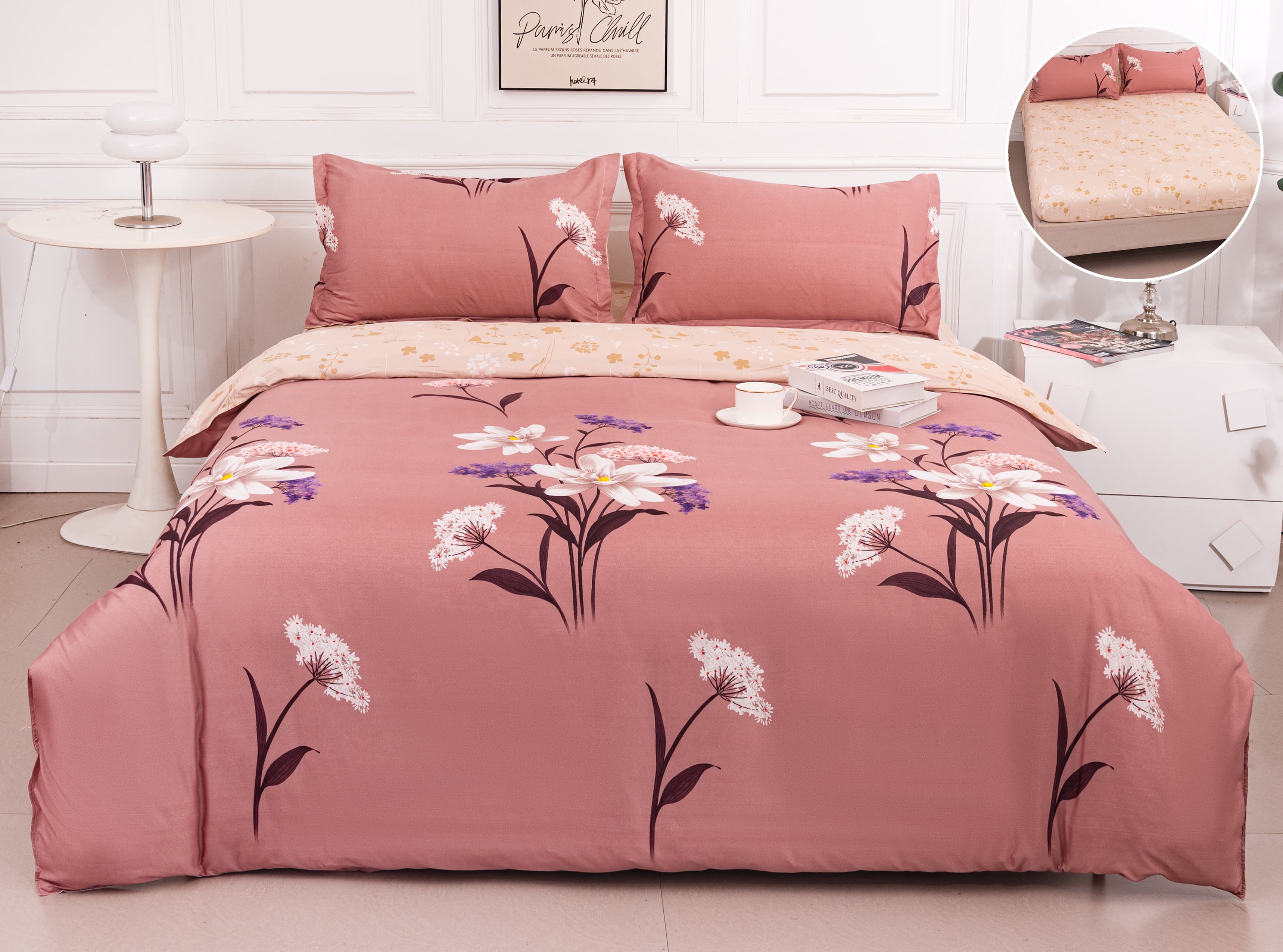 Pachet Promotional, Lenjerie Pat Dublu, 4 Piese, Bumbac Satinat, Floricele, Roz/Portocaliu, PT1091-Elastic