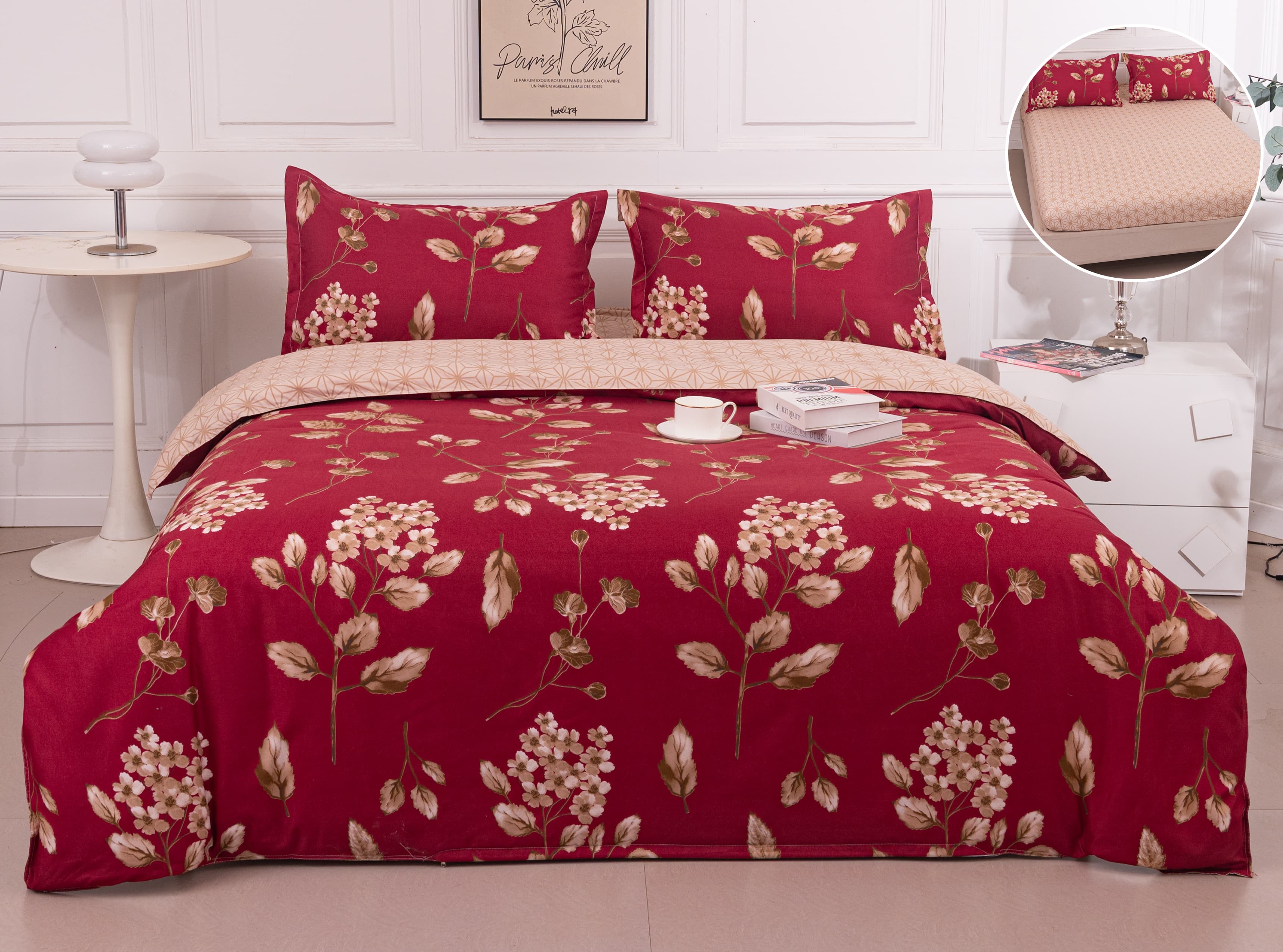 Pachet Promotional, Lenjerie Pat Dublu, 4 Piese, Bumbac Satinat, Floricele, Rosu, PT1092-Elastic