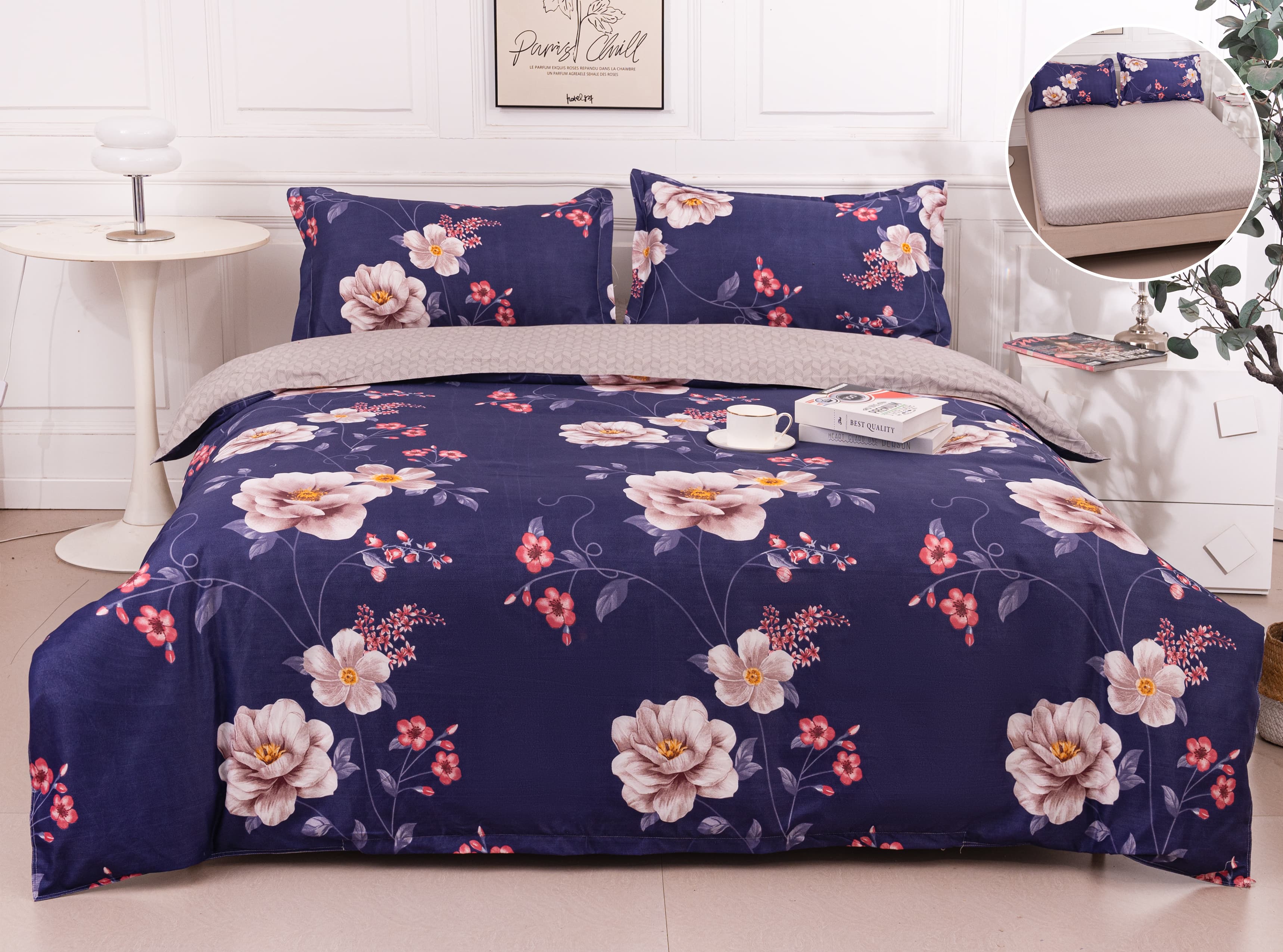 Pachet Promotional, Lenjerie Pat Dublu, 4 Piese, Bumbac Satinat, Floricele, Mov/Crem, PT1093-Elastic