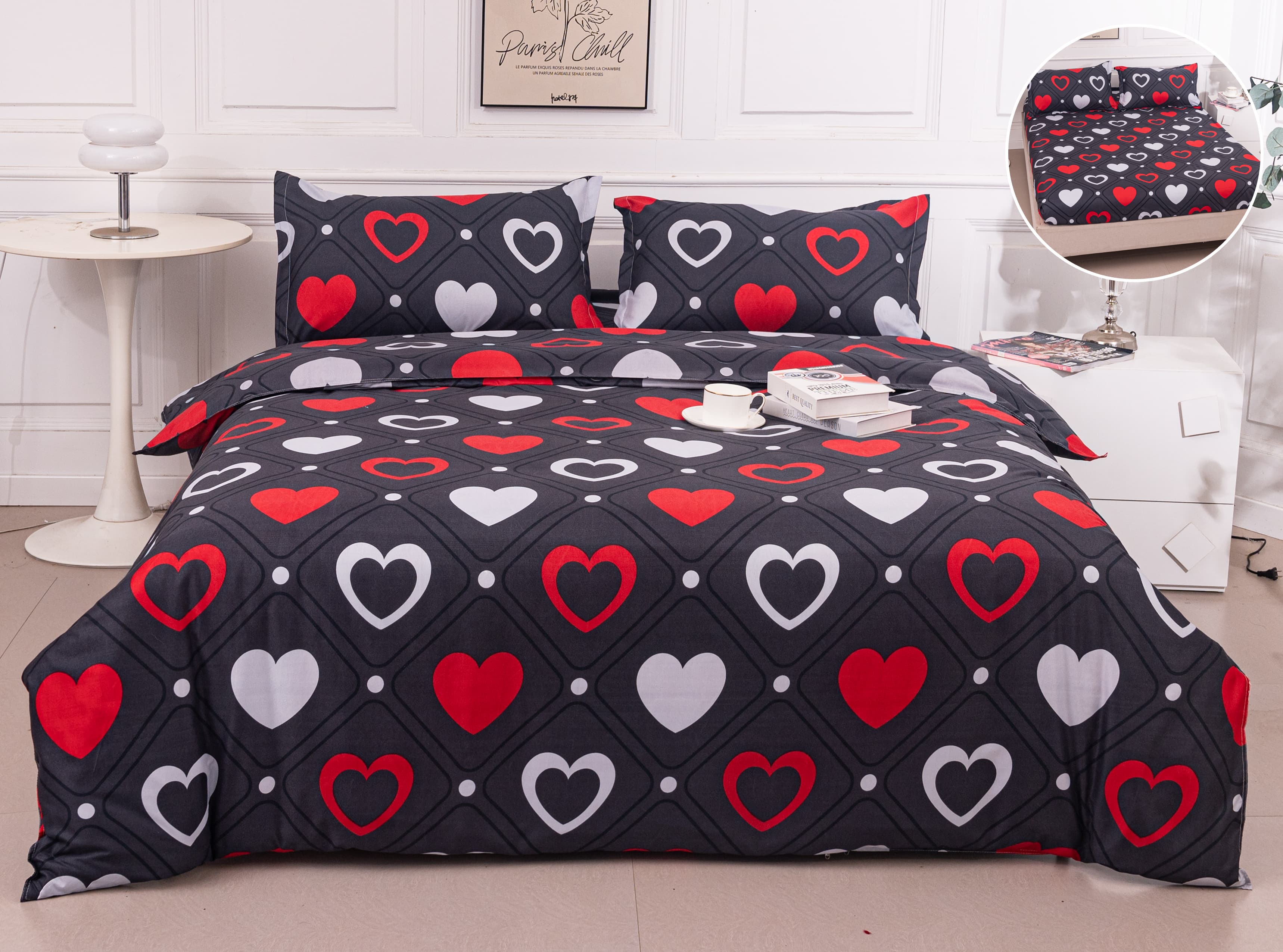 Lenjerie Pat Dublu Bumbac Satinat cu Elastic – Inimi Elegante, Negru cu Alb și Roșu Intens, 4 Piese, 180×200, PT1059-Elastic