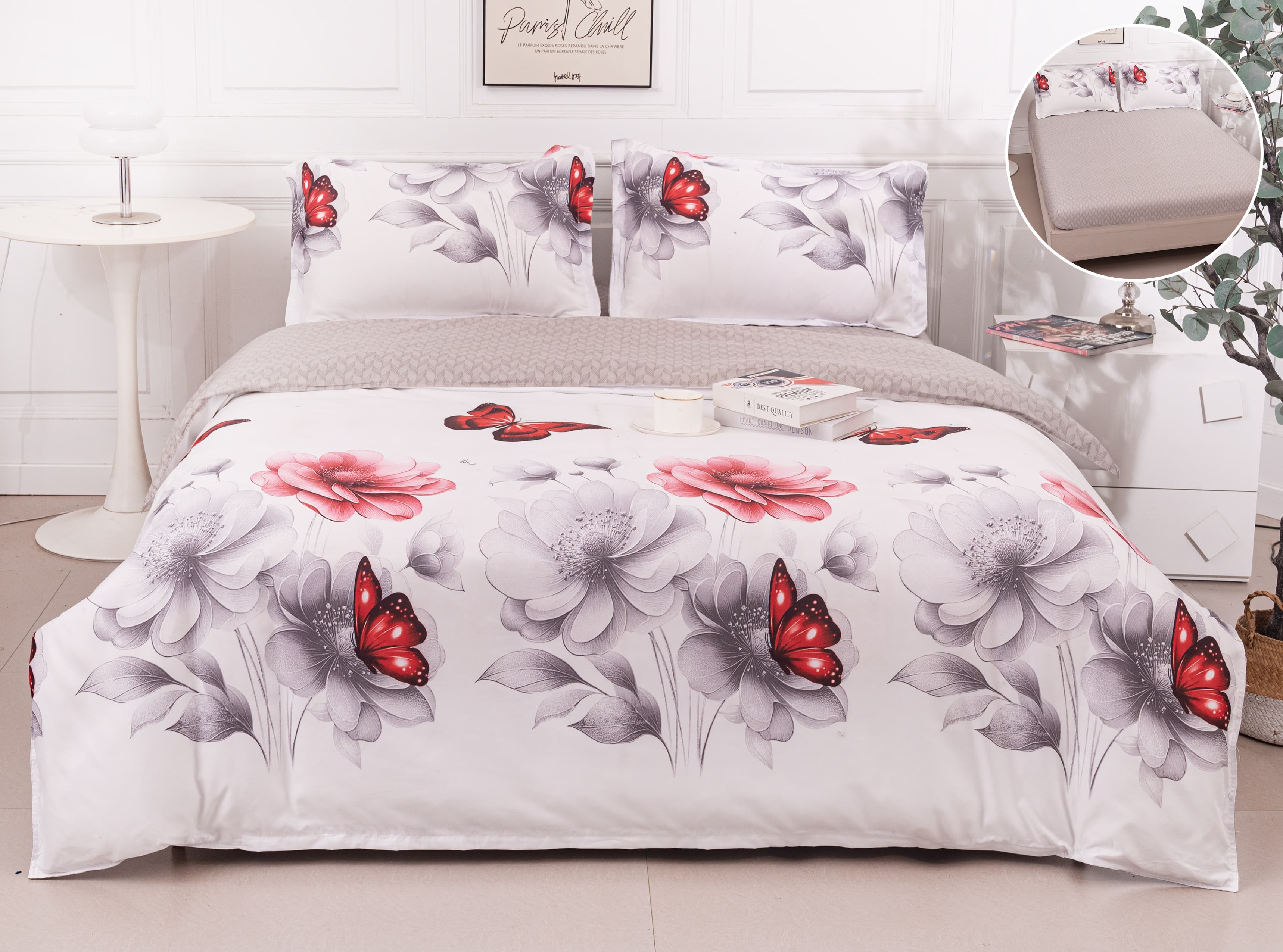 Lenjerie Pat Dublu Bumbac Satinat cu Elastic – Flori & Fluturi, Alb cu Gri și Roșu, 4 Piese, 180×200, PT1062-Elastic
