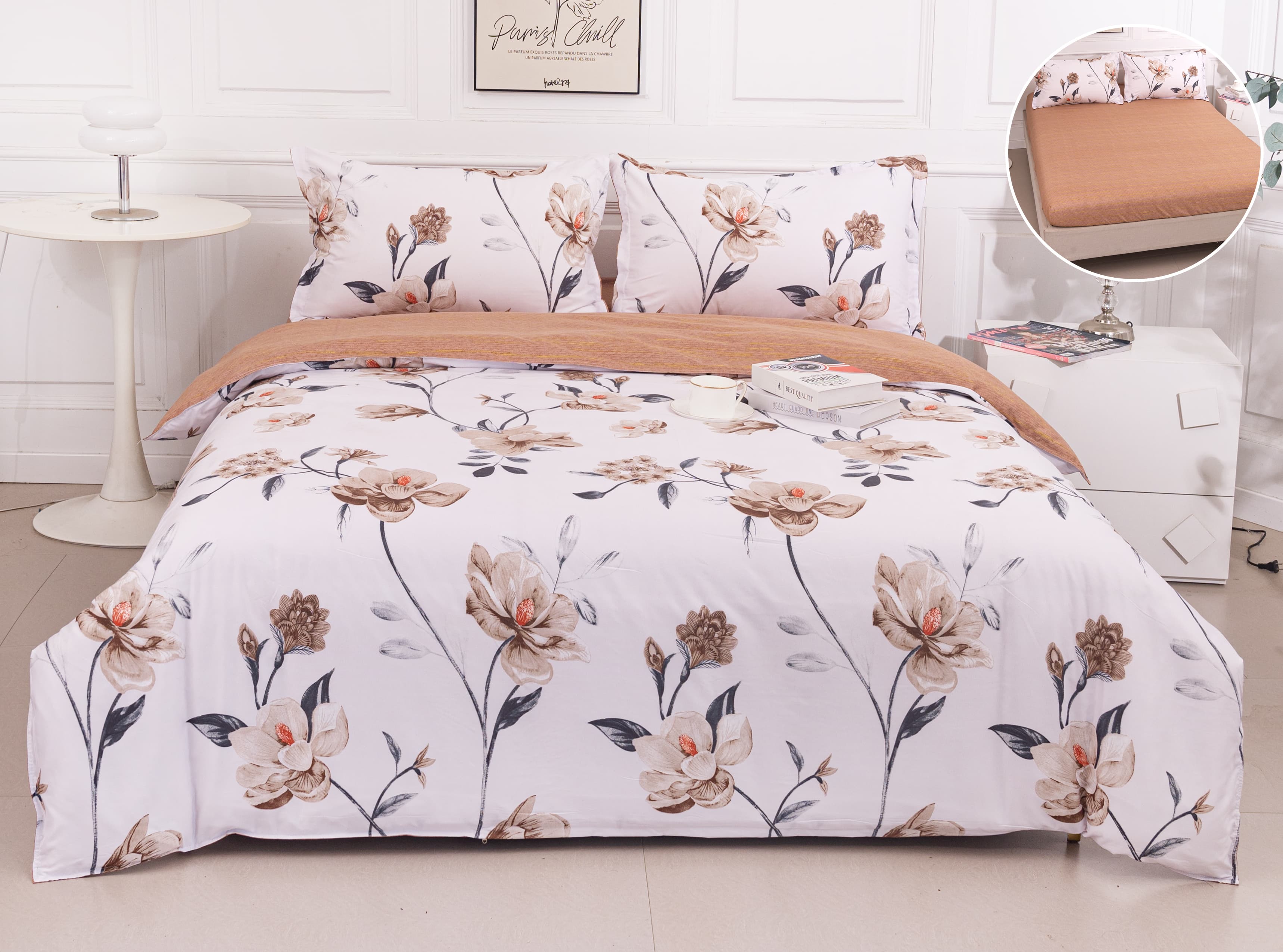 Pachet Promotional, Lenjerie Pat Dublu, 4 Piese, Bumbac Satinat, Flori, Crem/Maro, PT1101-Elastic