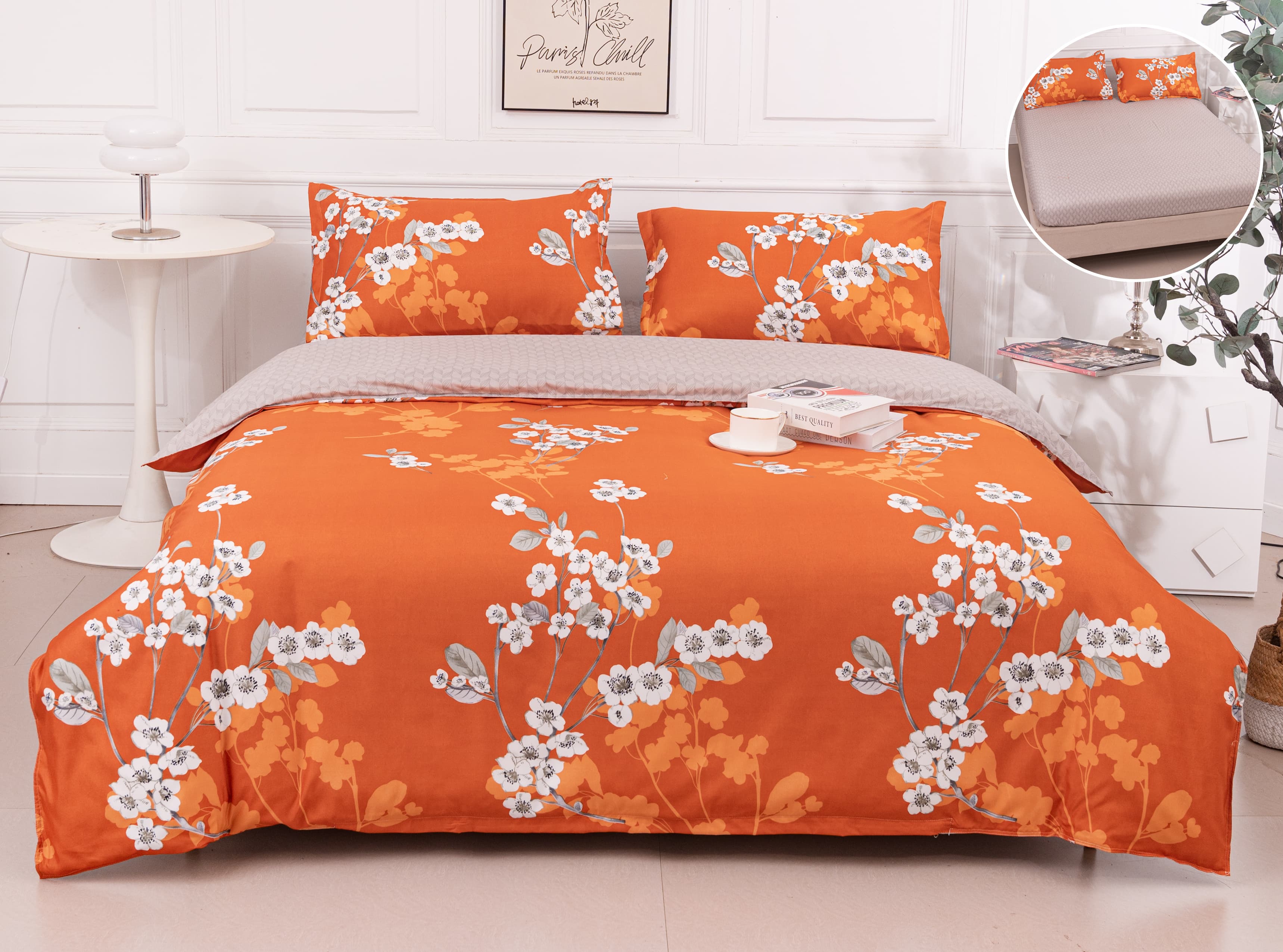 Pachet Promotional, Lenjerie Pat Dublu, 4 Piese, Bumbac Satinat, Flori, Crem/Portocaliu, PT1102-Elastic