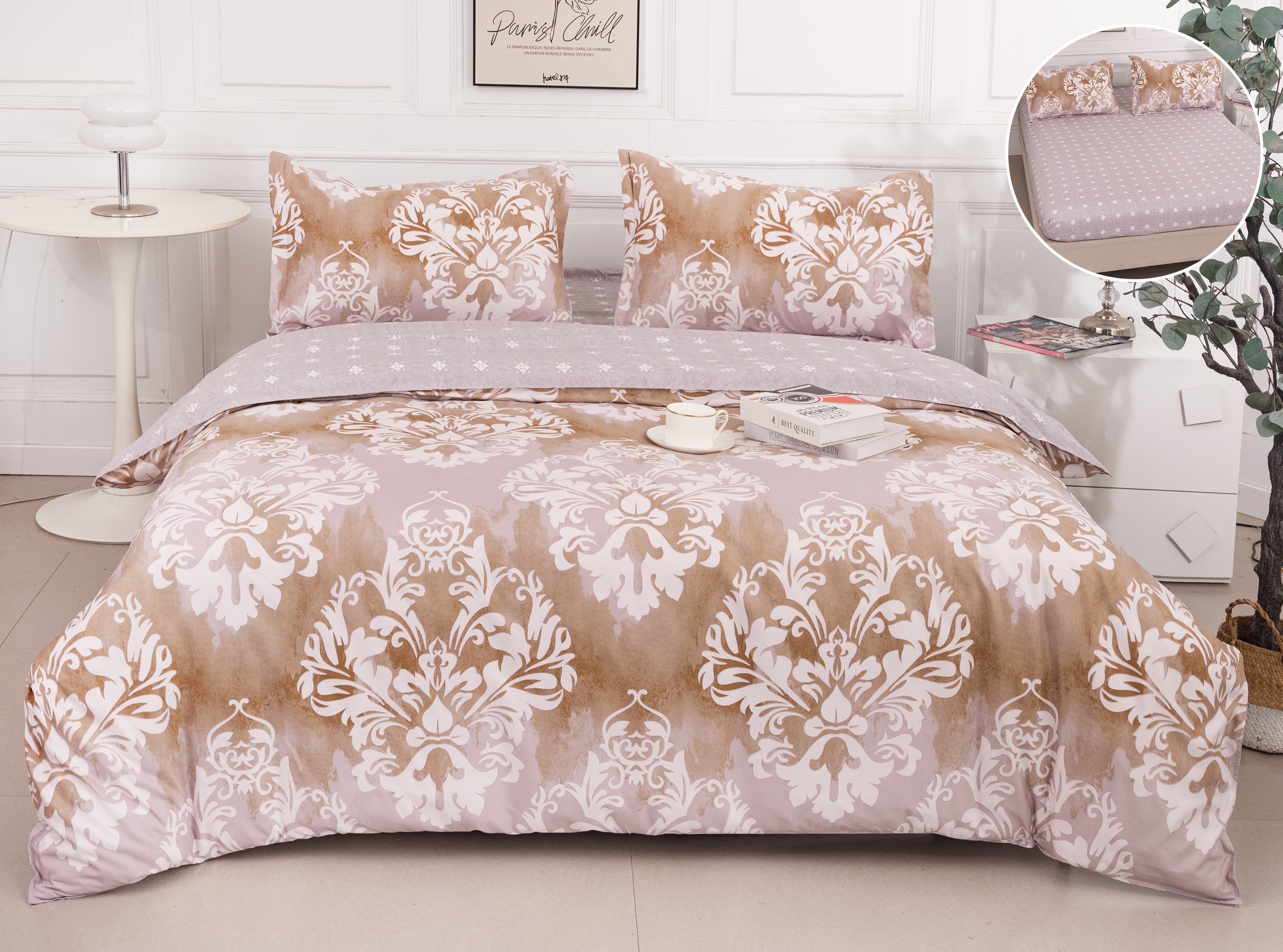 Pachet Promotional, Lenjerie Pat Dublu, 4 Piese, Bumbac Satinat, Elegant, Crem/Maro, PT1103-Elastic
