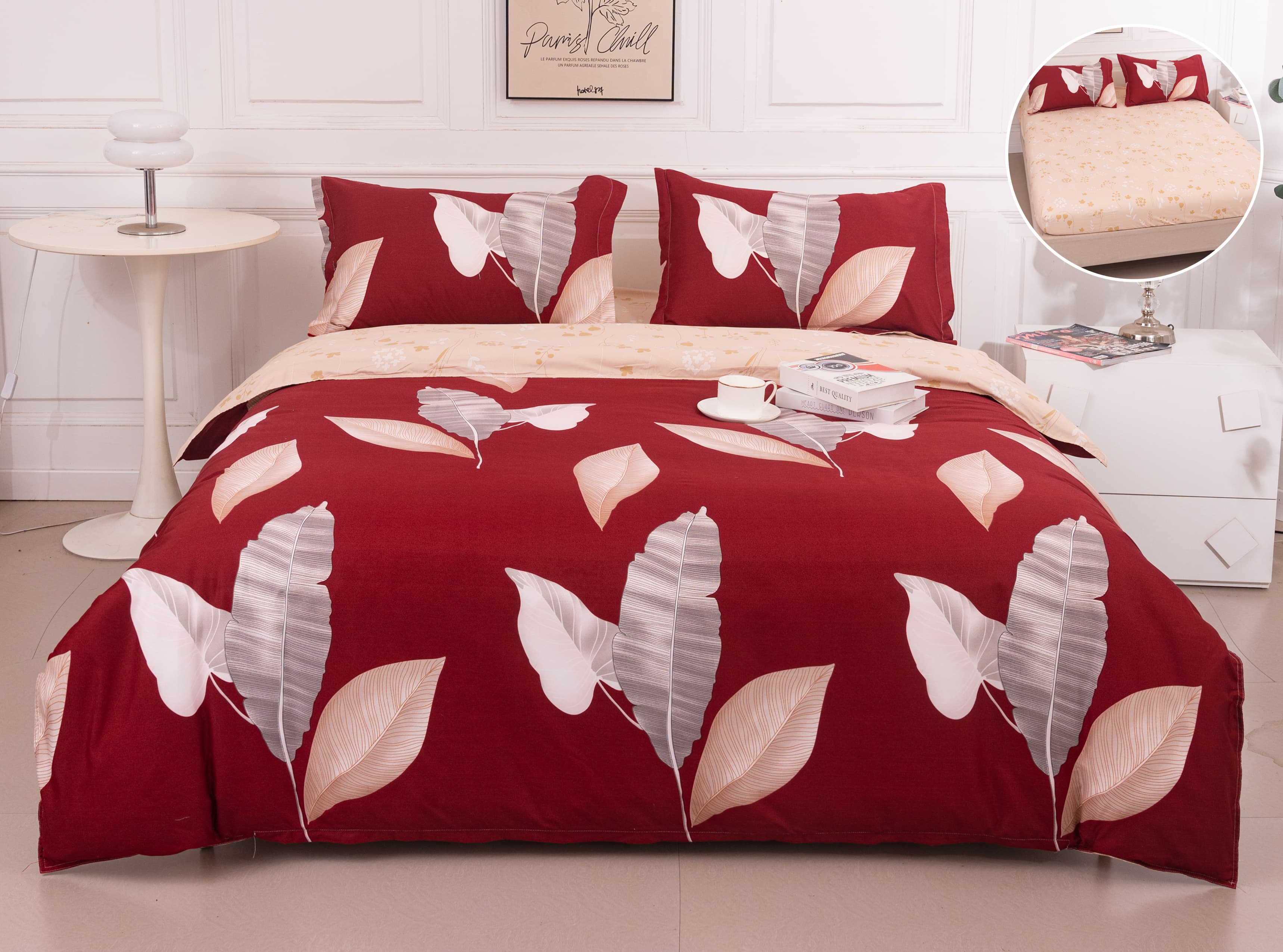Lenjerie Pat Dublu Bumbac Satinat cu Elastic – Frunze Bordo & Nuanțe Nude, 4 Piese, 180×200, PT1066-Elastic