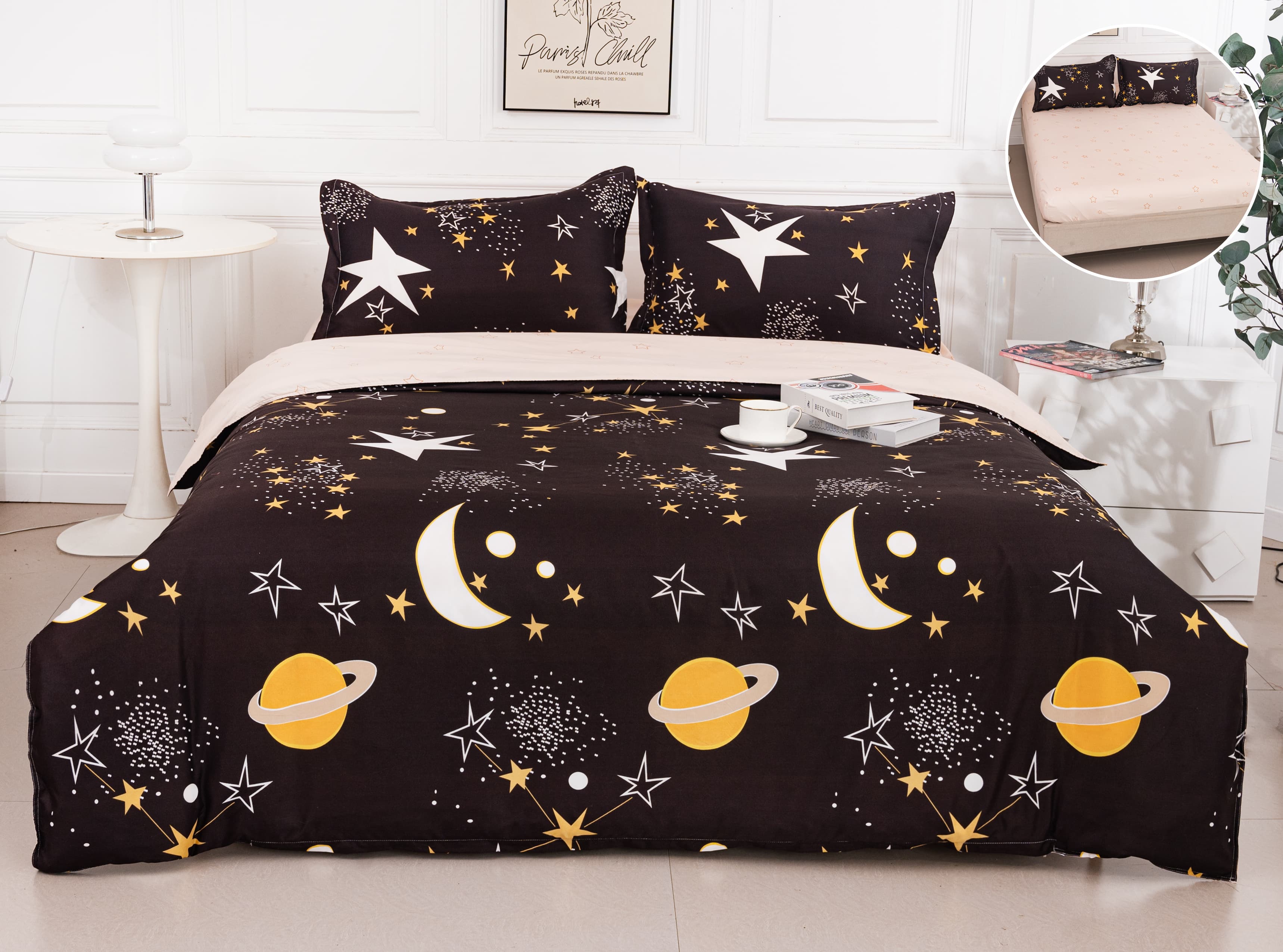 Lenjerie Pat Dublu Bumbac Satinat cu Elastic – Univers Nocturn Negru-Șofran, 4 Piese, 180×200, PT1068-Elastic