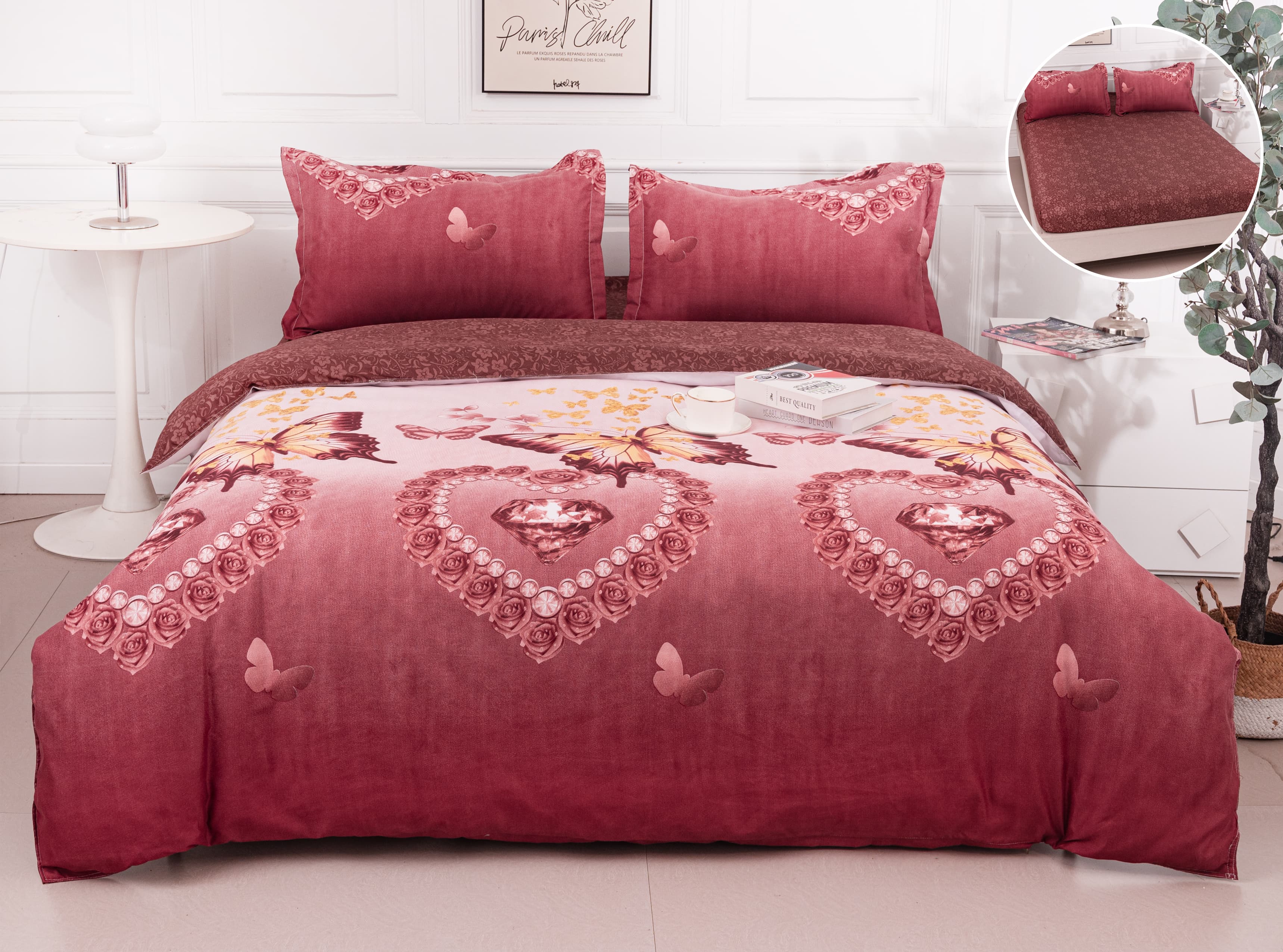 Lenjerie Pat Dublu Bumbac Satinat cu Elastic – Inimi & Fluturi Bordeaux, 4 Piese, 180×200, PT1069-Elastic