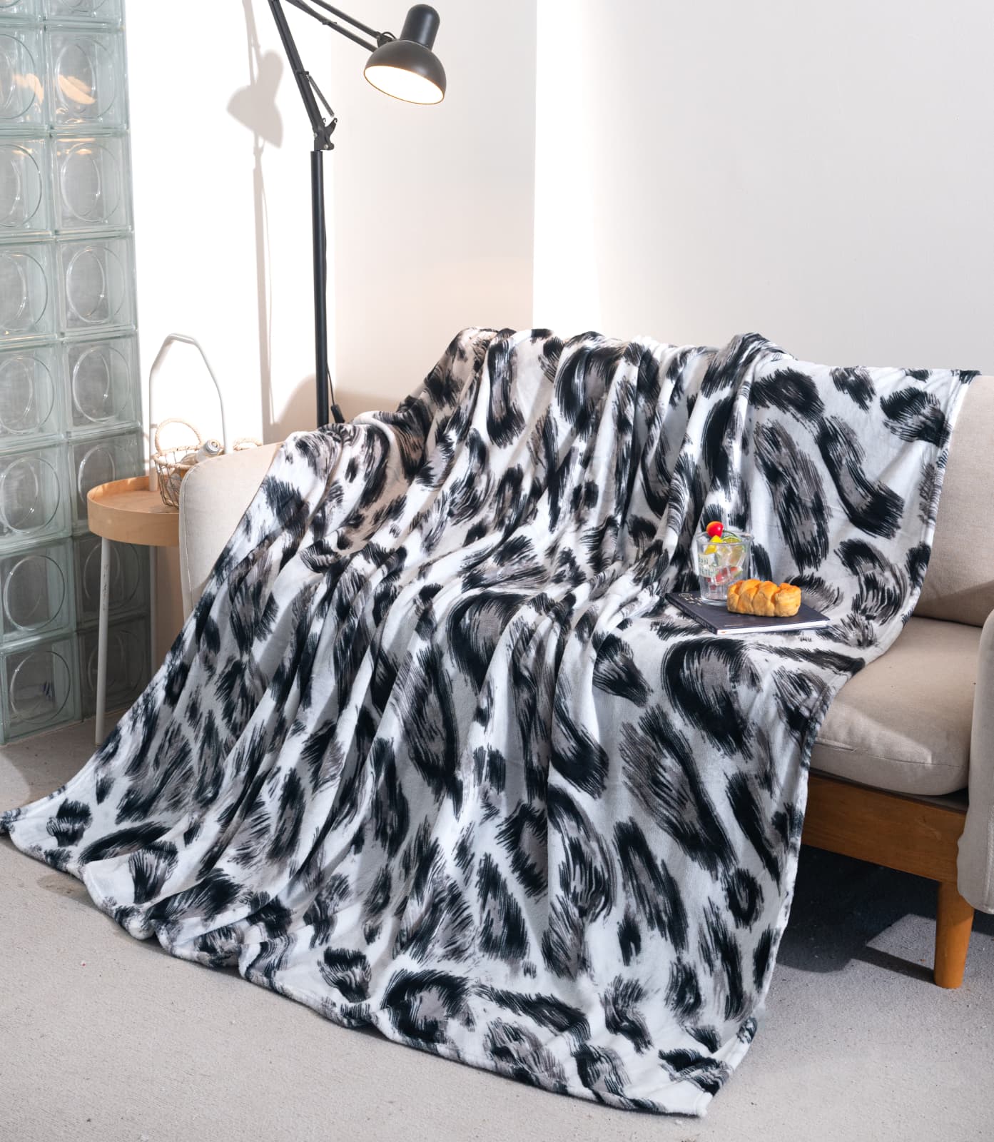Patura cocolino, Material Pufos, 200x230 cm, Leopard, Gri/Alb, PT1124