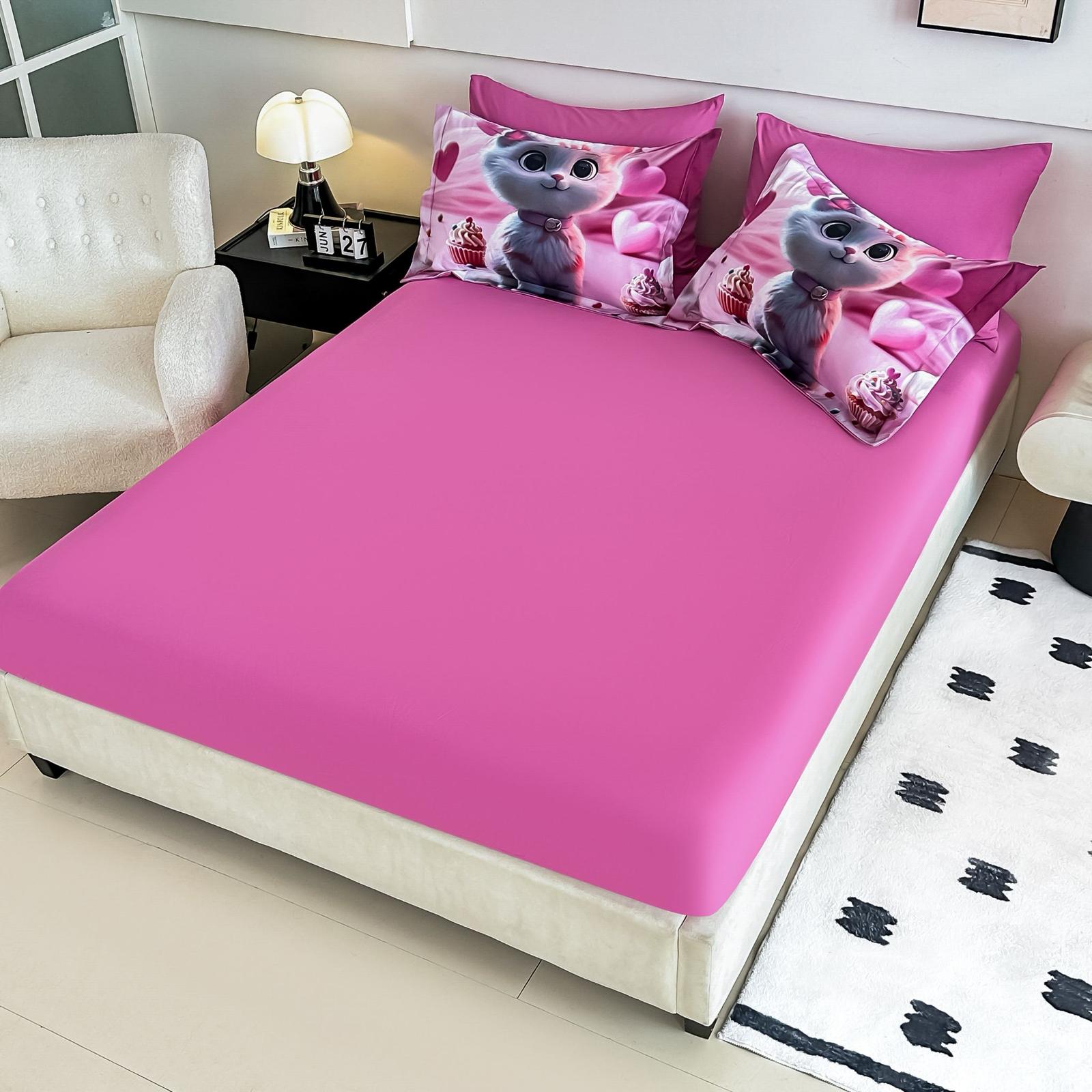 Lenjerie pat dublu, 6 PIESE, 5D, Bumbac Finet, Pisicuta, Roz, J1249
