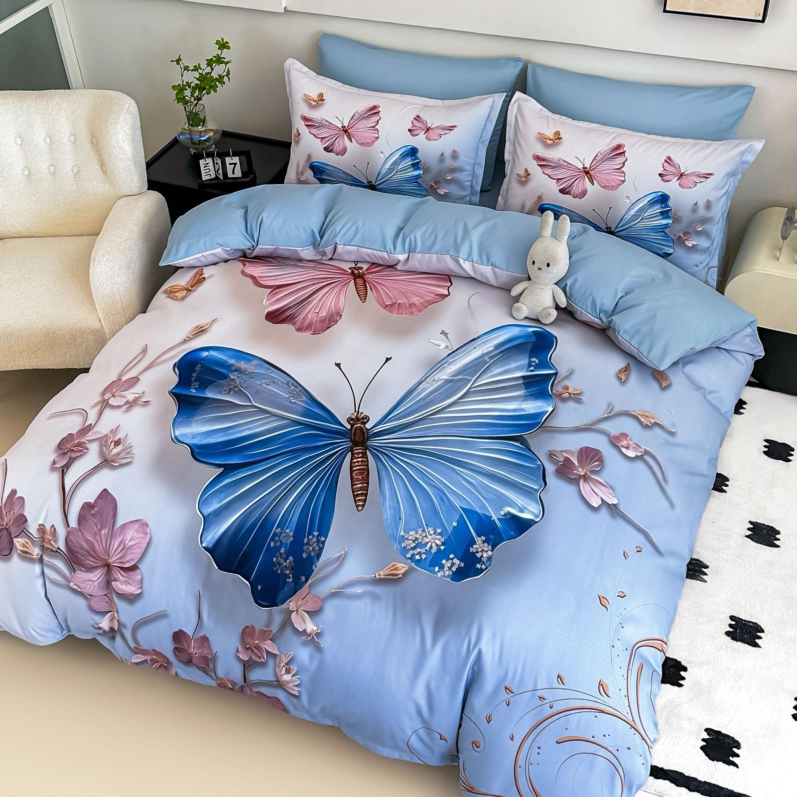 Lenjerie pat dublu, 6 PIESE, 5D, Bumbac Finet, Fluture, Bleu/Roz, J1248