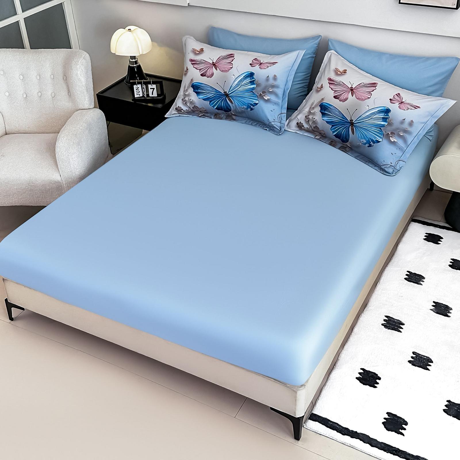 Lenjerie pat dublu, 6 PIESE, 5D, Bumbac Finet, Fluture, Bleu/Roz, J1248