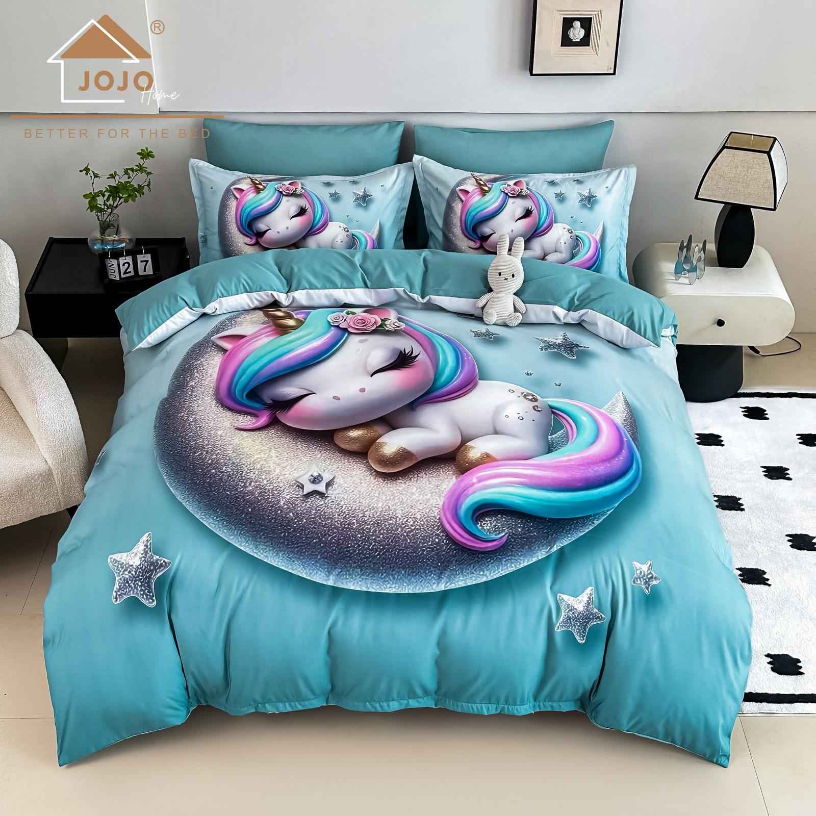 Lenjerie pat dublu, 6 PIESE, 5D, Bumbac Finet, Unicorn, Bleu, J1247