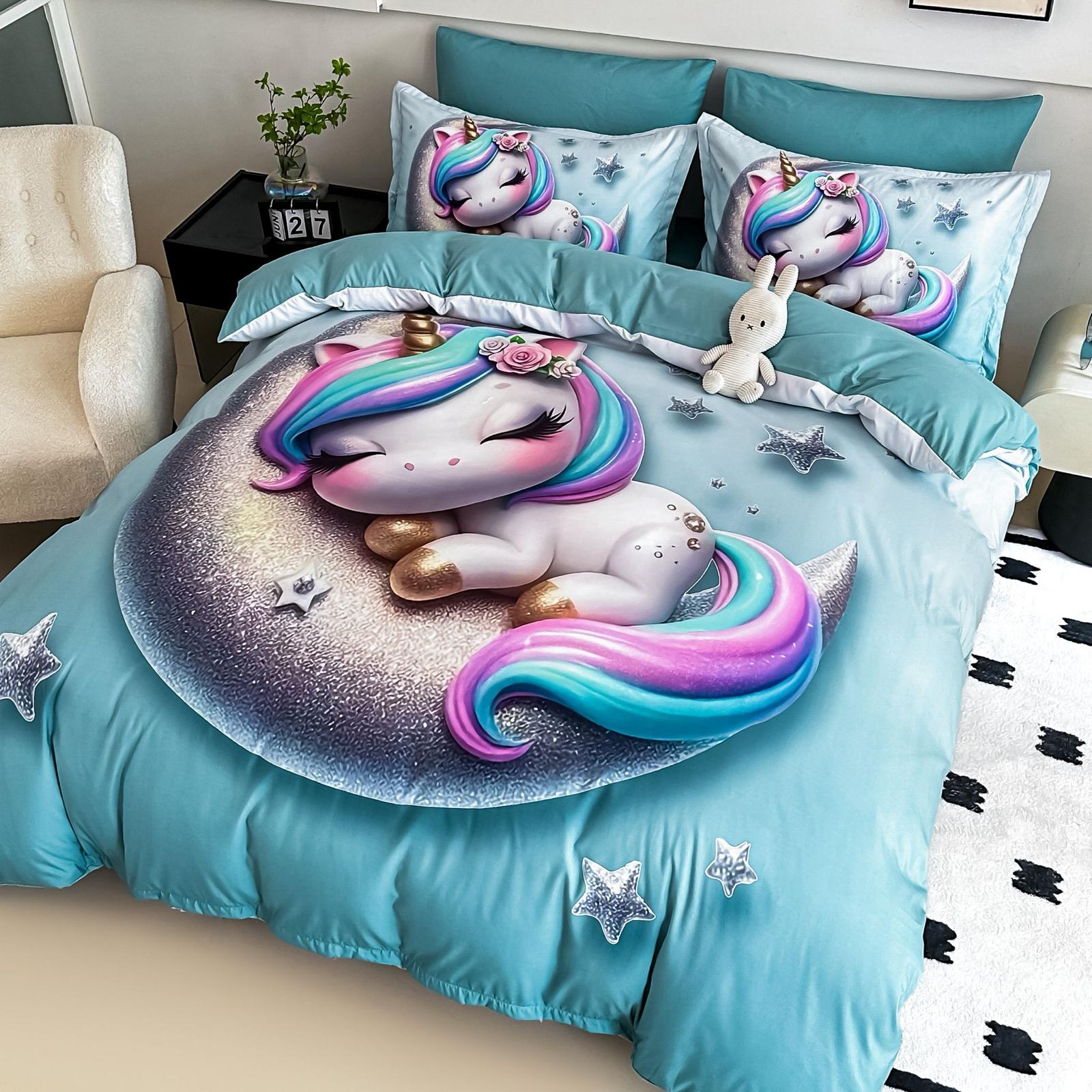 Lenjerie pat dublu, 6 PIESE, 5D, Bumbac Finet, Unicorn, Bleu, J1247