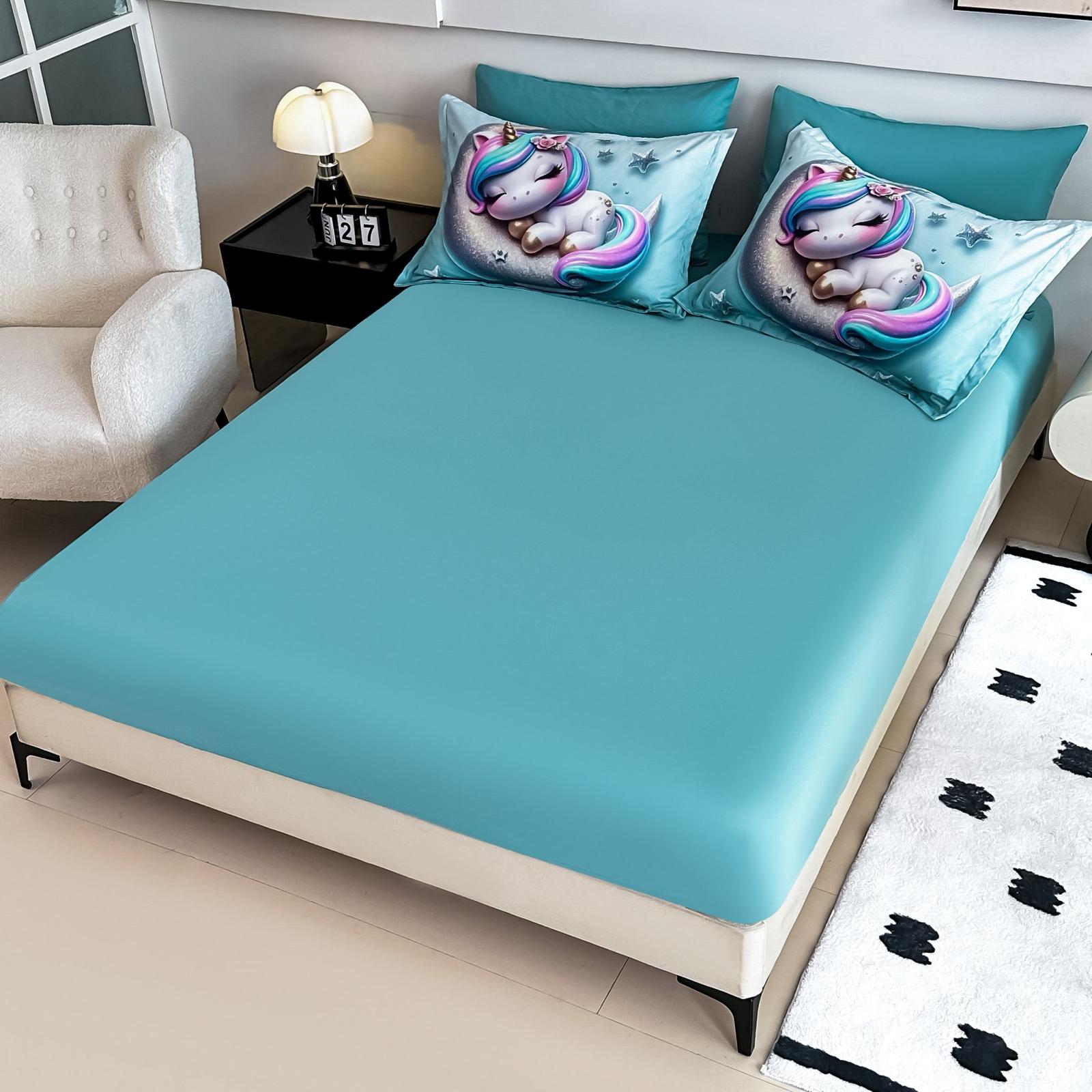 Lenjerie pat dublu, 6 PIESE, 5D, Bumbac Finet, Unicorn, Bleu, J1247