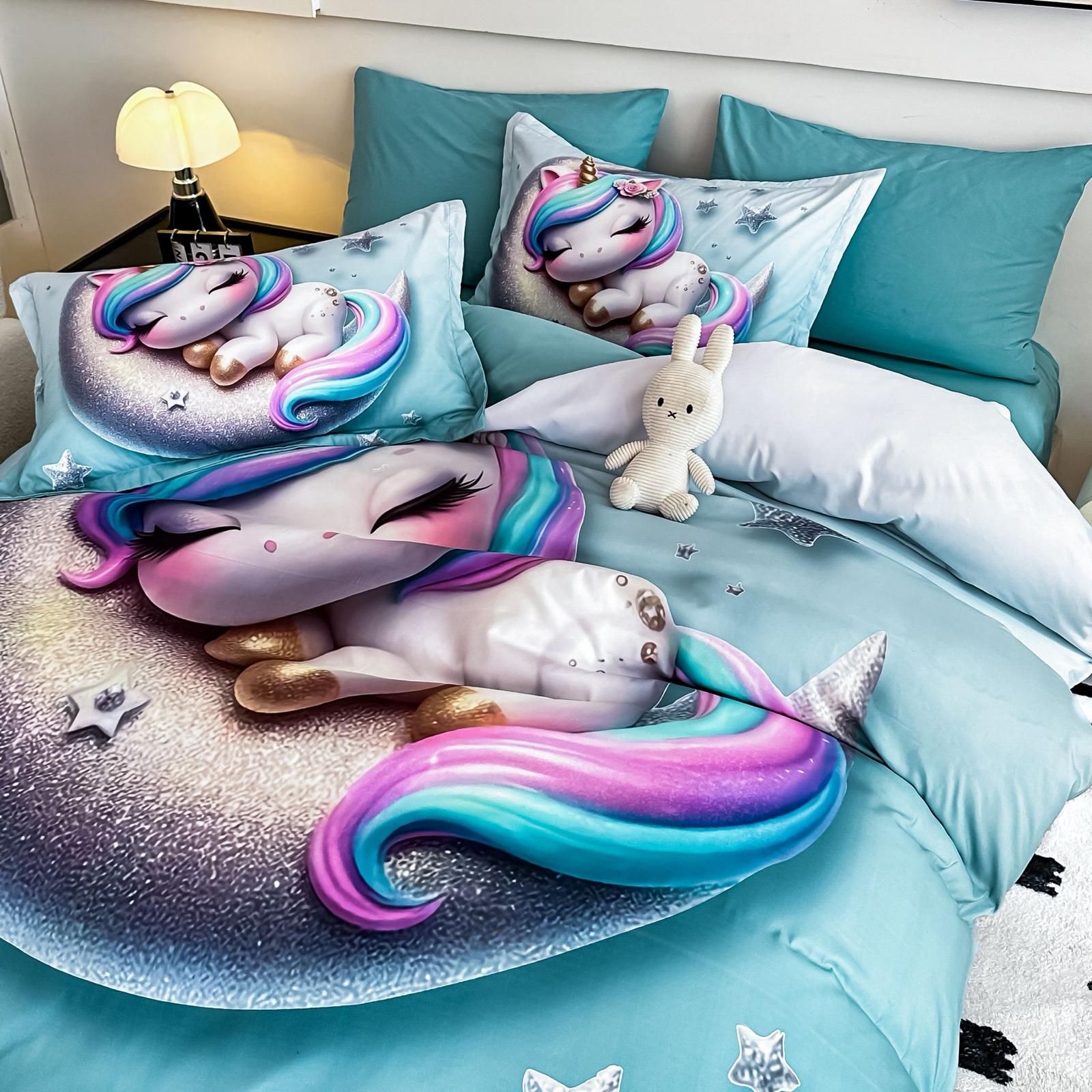 Lenjerie pat dublu, 6 PIESE, 5D, Bumbac Finet, Unicorn, Bleu, J1247