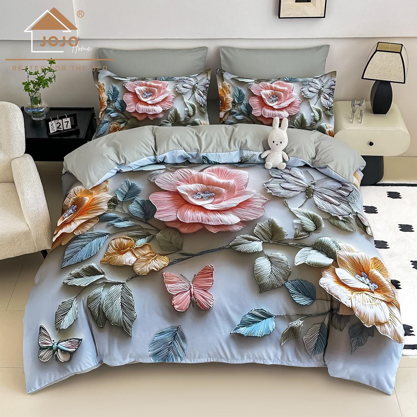 Lenjerie pat dublu, 6 PIESE, 5D, Bumbac Finet, Floricele, Multicolor, J1244