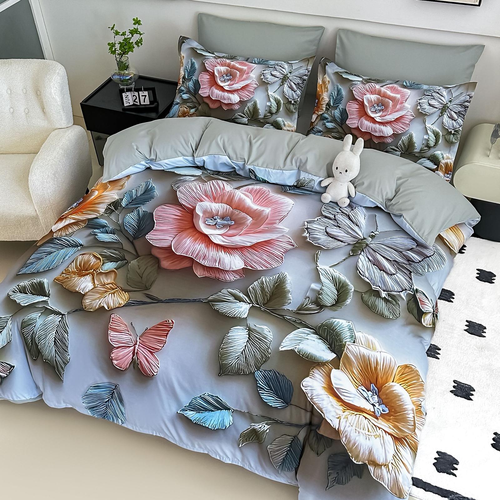 Lenjerie pat dublu, 6 PIESE, 5D, Bumbac Finet, Floricele, Multicolor, J1244