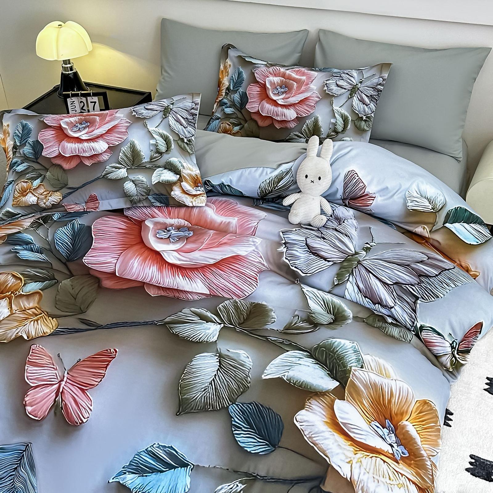 Lenjerie pat dublu, 6 PIESE, 5D, Bumbac Finet, Floricele, Multicolor, J1244