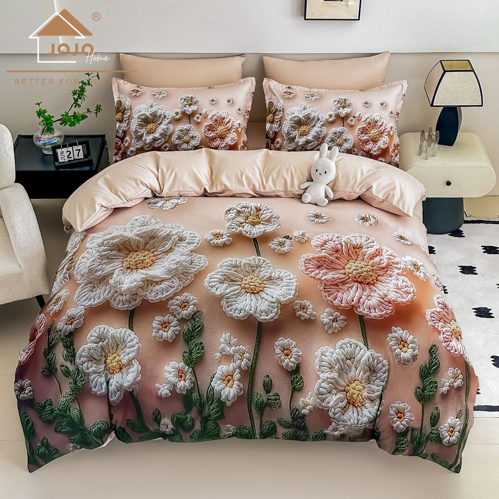 Lenjerie pat dublu, 6 PIESE, 5D, Bumbac Finet, Floricele, Maro, J1240