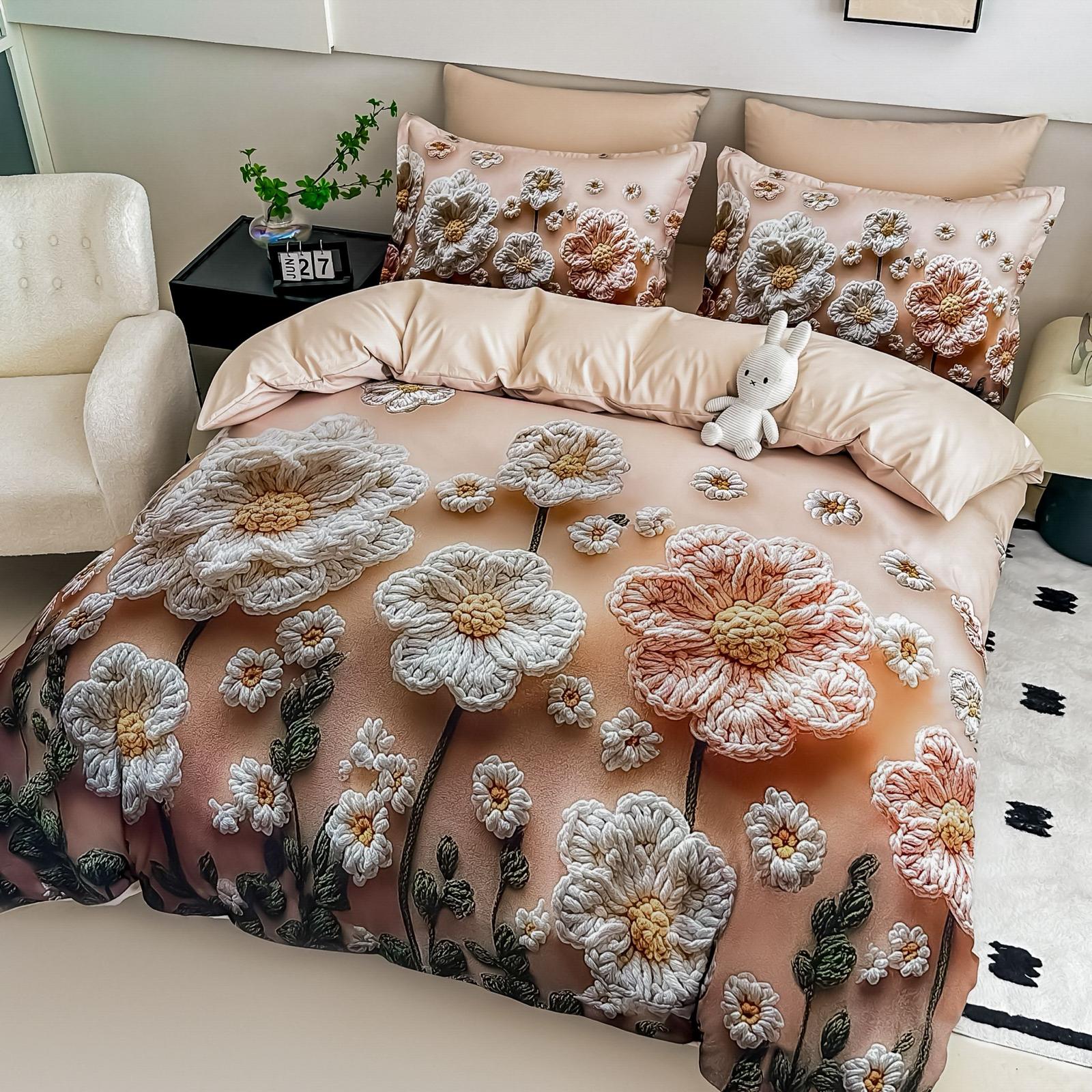 Lenjerie pat dublu, 6 PIESE, 5D, Bumbac Finet, Floricele, Maro, J1240