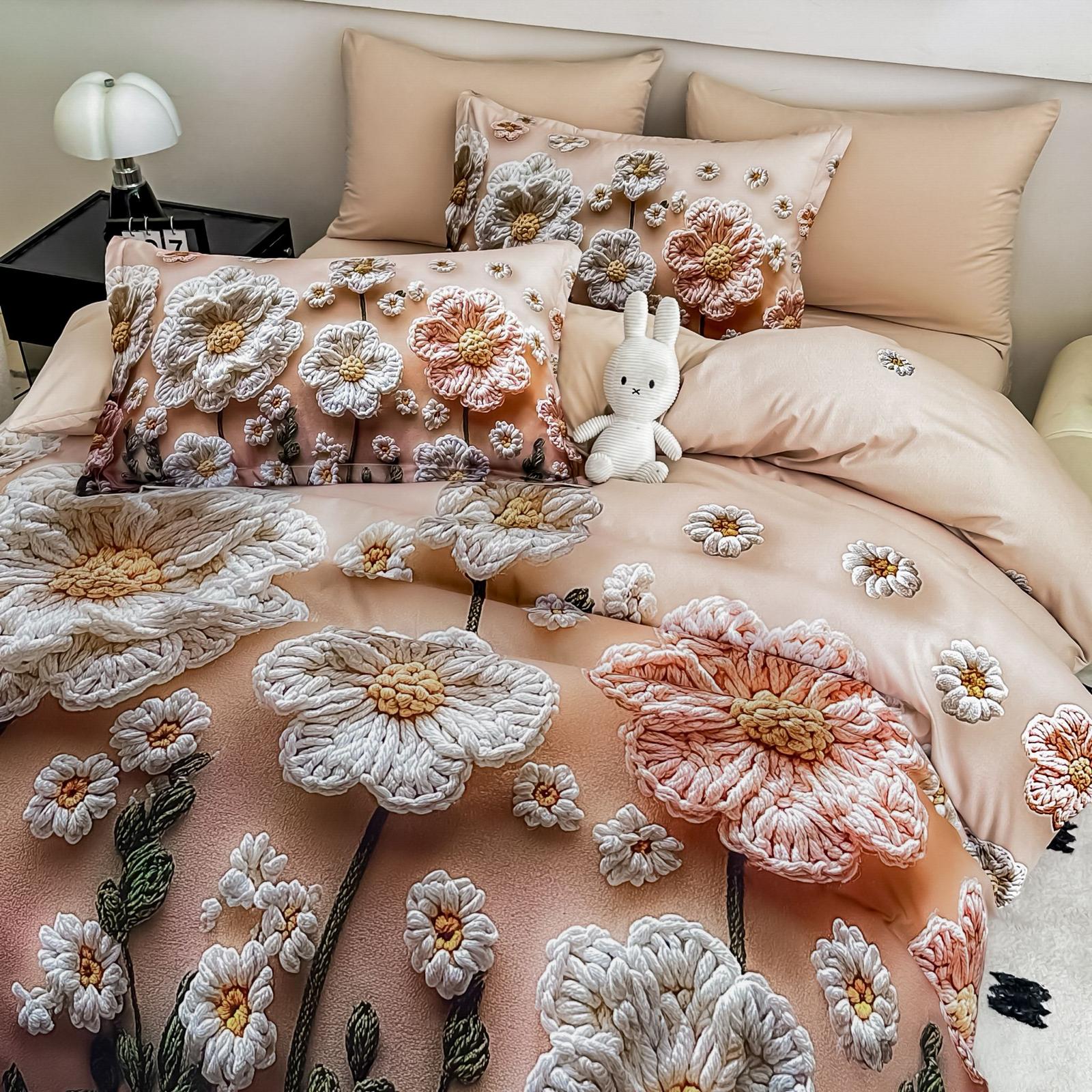 Lenjerie pat dublu, 6 PIESE, 5D, Bumbac Finet, Floricele, Maro, J1240