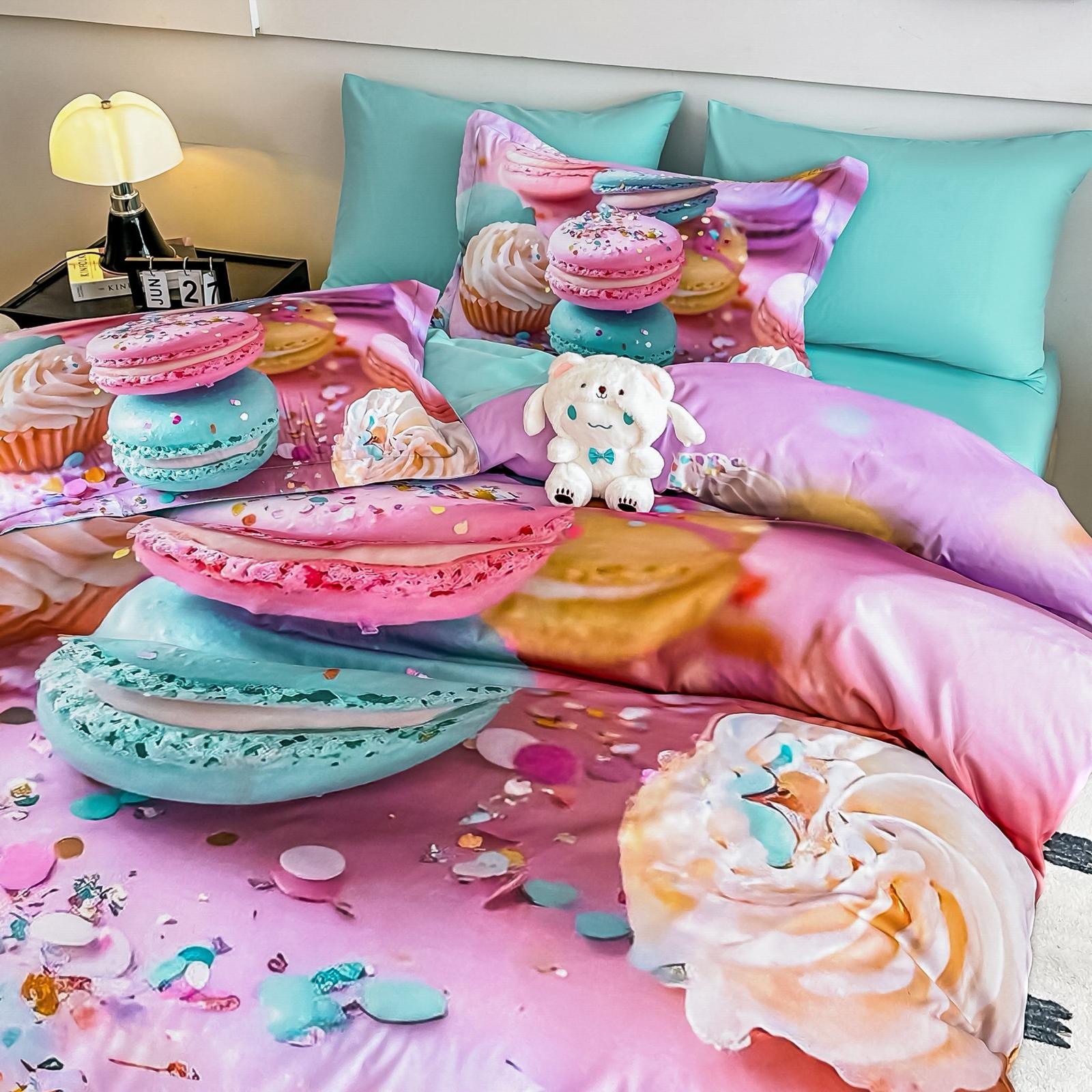 Lenjerie pat dublu, 6 PIESE, 5D, Bumbac Finet, Macarons, Multicolor, J1242