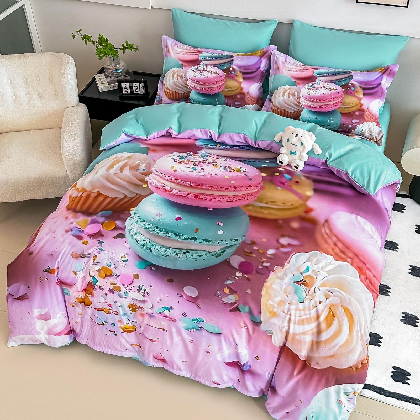 Lenjerie pat dublu, 6 PIESE, 5D, Bumbac Finet, Macarons, Multicolor, J1242