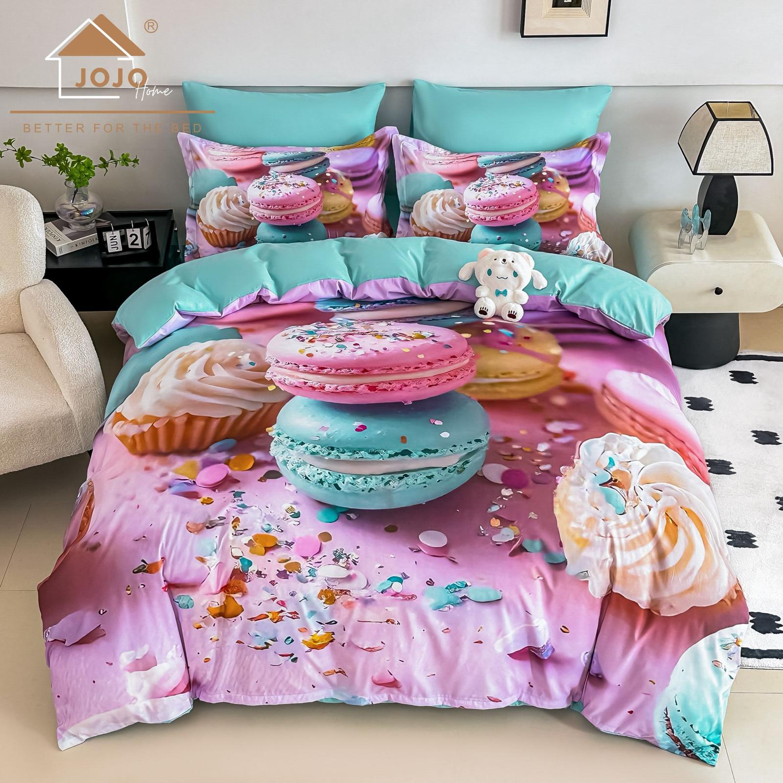 Lenjerie pat dublu, 6 PIESE, 5D, Bumbac Finet, Macarons, Multicolor, J1242