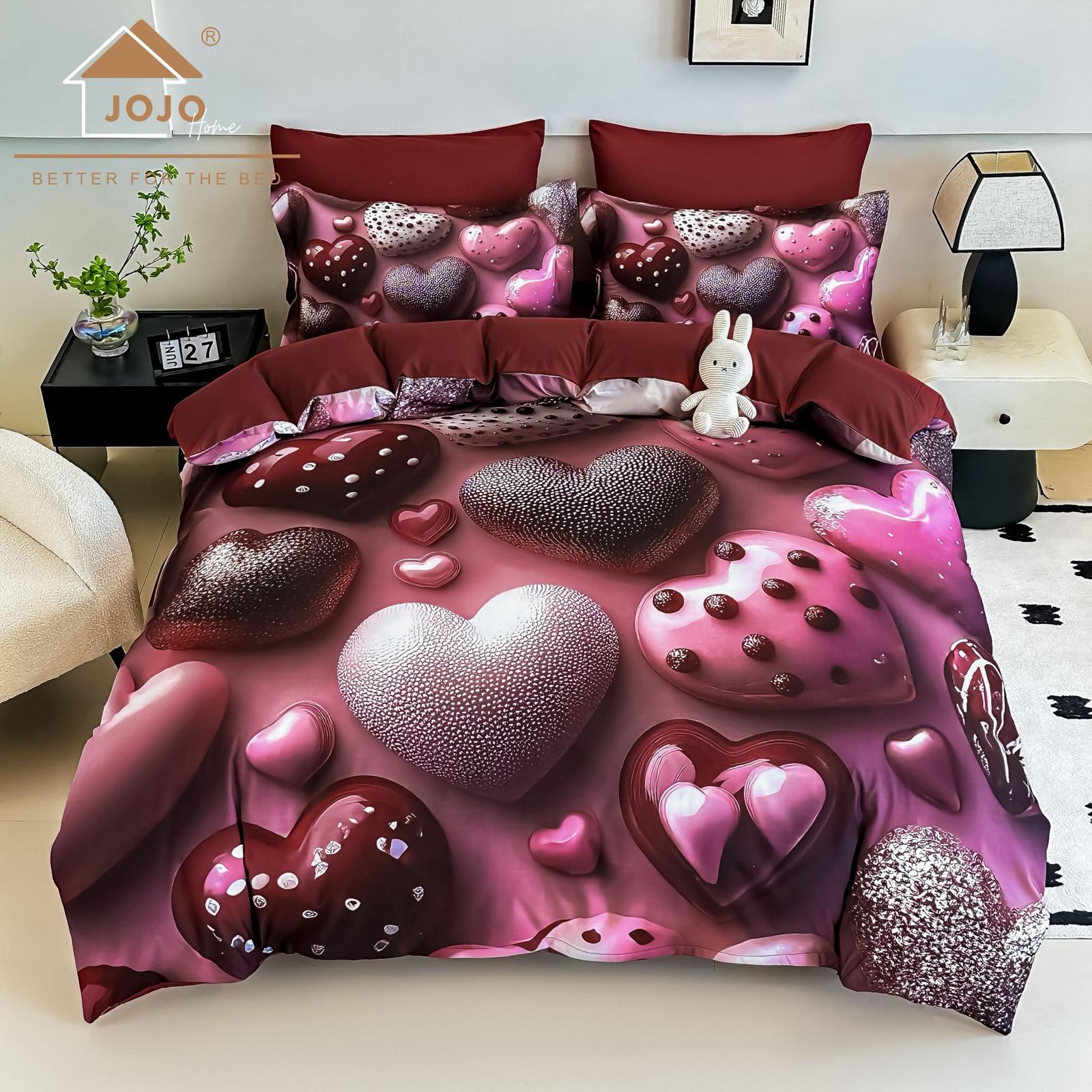 Lenjerie pat dublu, 6 PIESE, 5D, Bumbac Finet, Inimioare, Multicolor, J1243