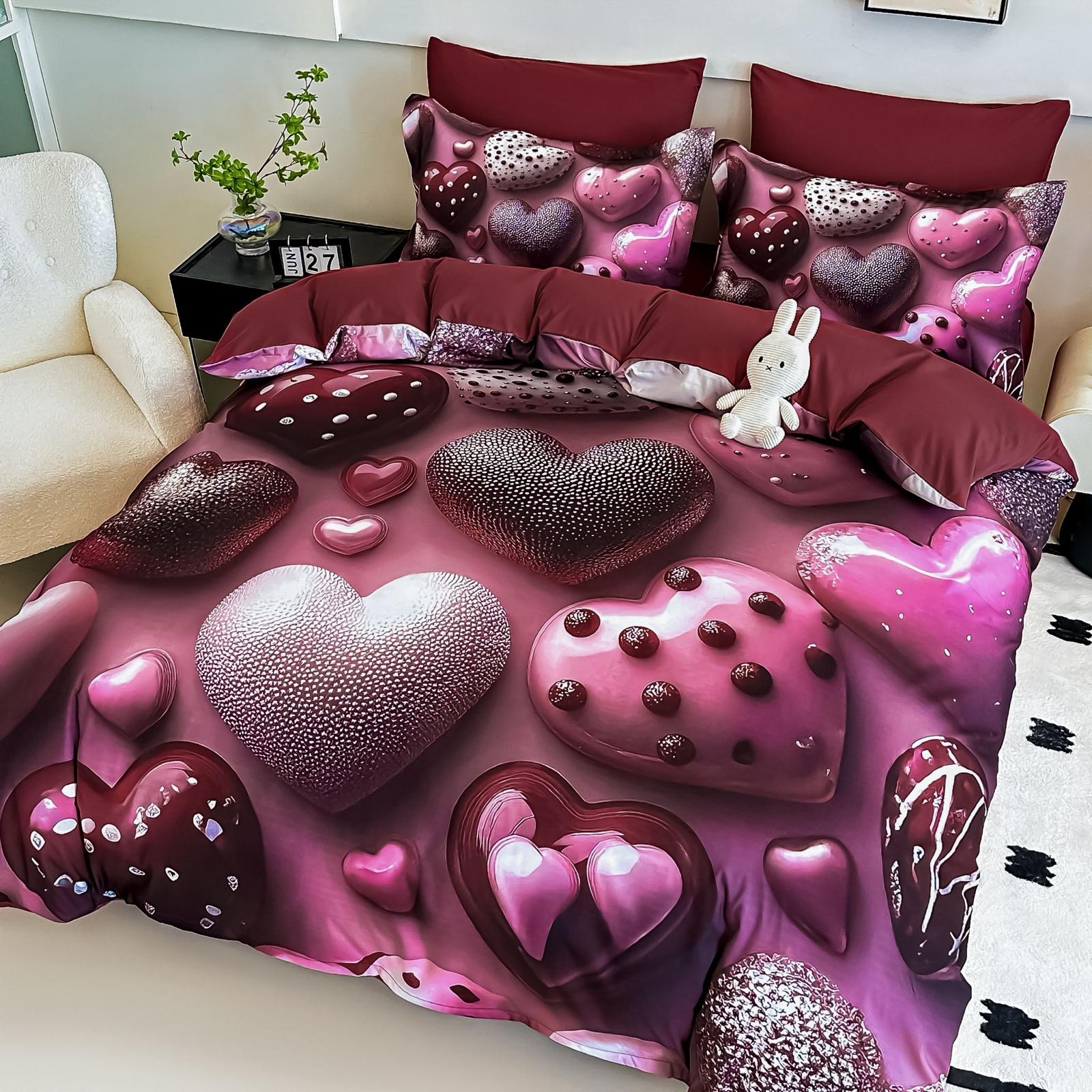 Lenjerie pat dublu, 6 PIESE, 5D, Bumbac Finet, Inimioare, Multicolor, J1243