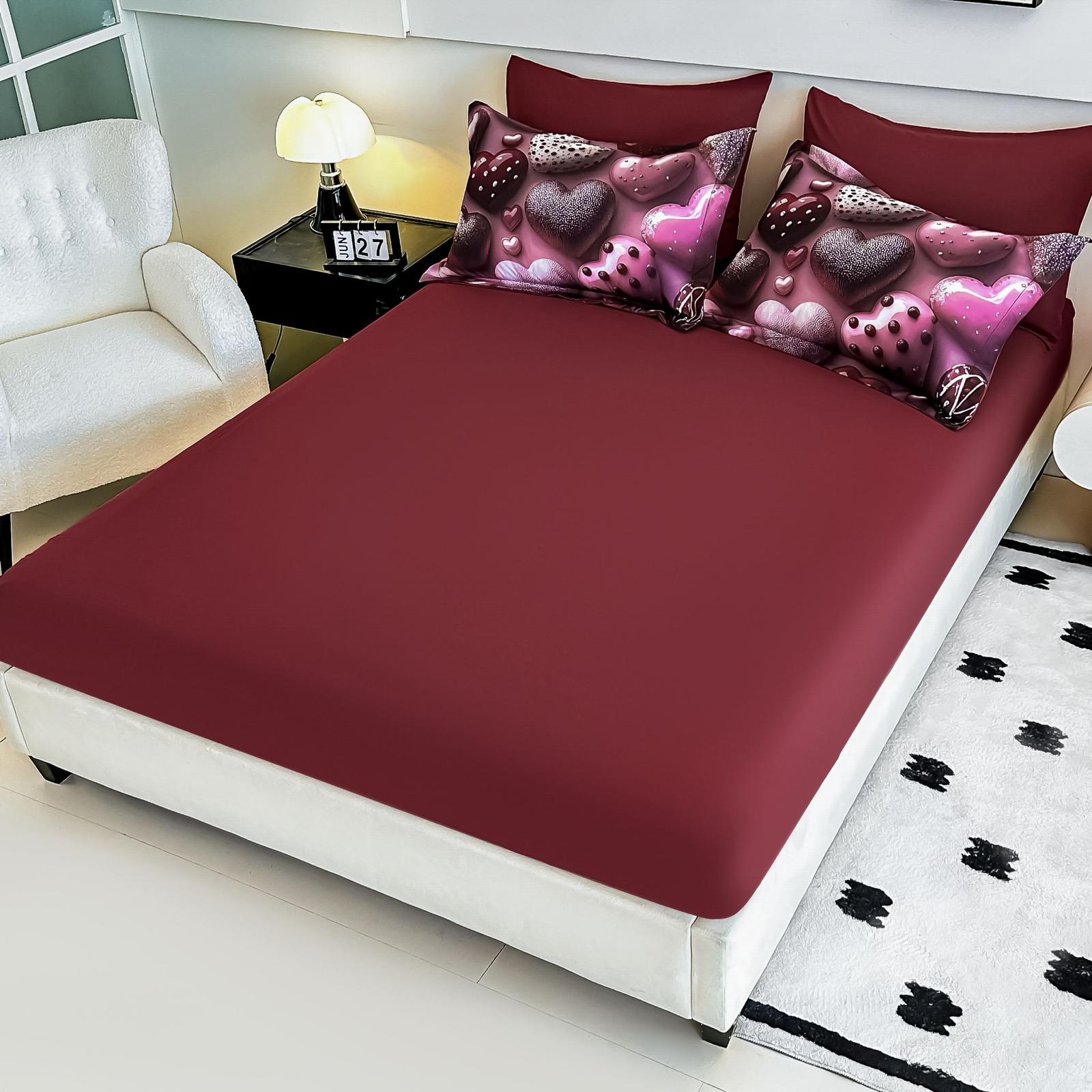 Lenjerie pat dublu, 6 PIESE, 5D, Bumbac Finet, Inimioare, Multicolor, J1243