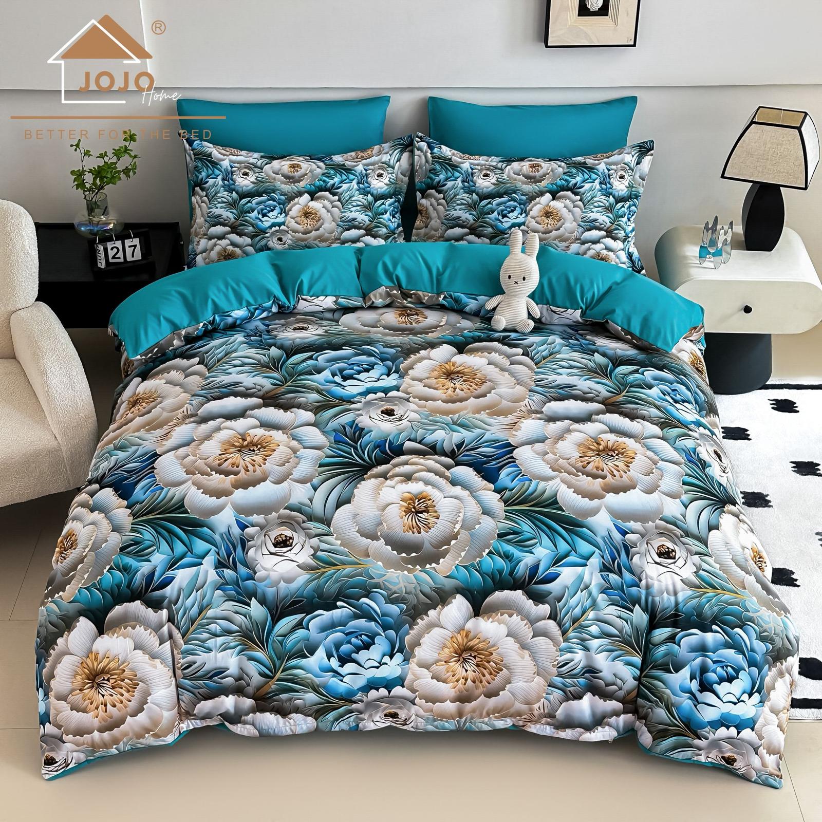 Lenjerie pat dublu, 6 PIESE, 5D, Bumbac Finet, Floricele, Turcoaz, J1239