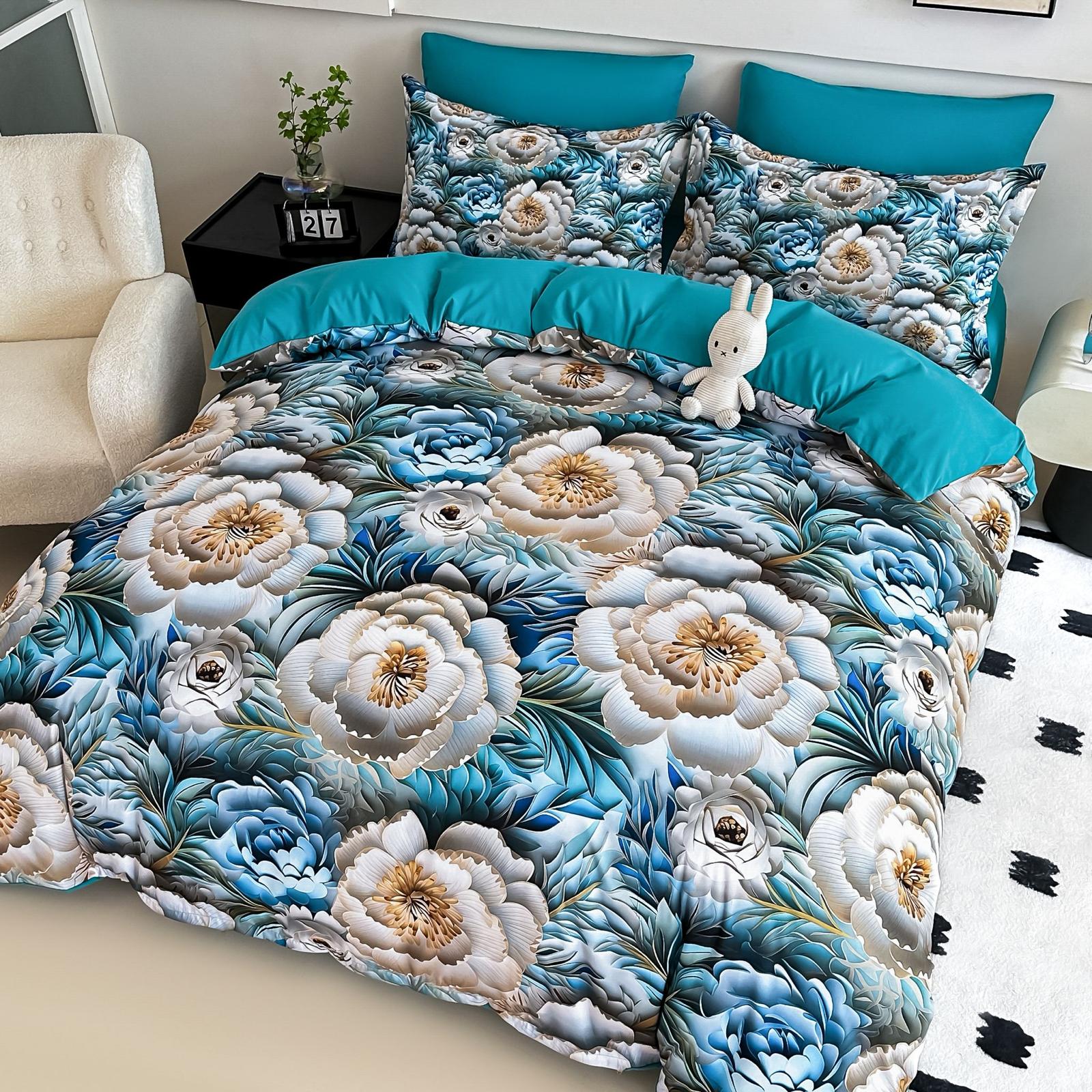 Lenjerie pat dublu, 6 PIESE, 5D, Bumbac Finet, Floricele, Turcoaz, J1239
