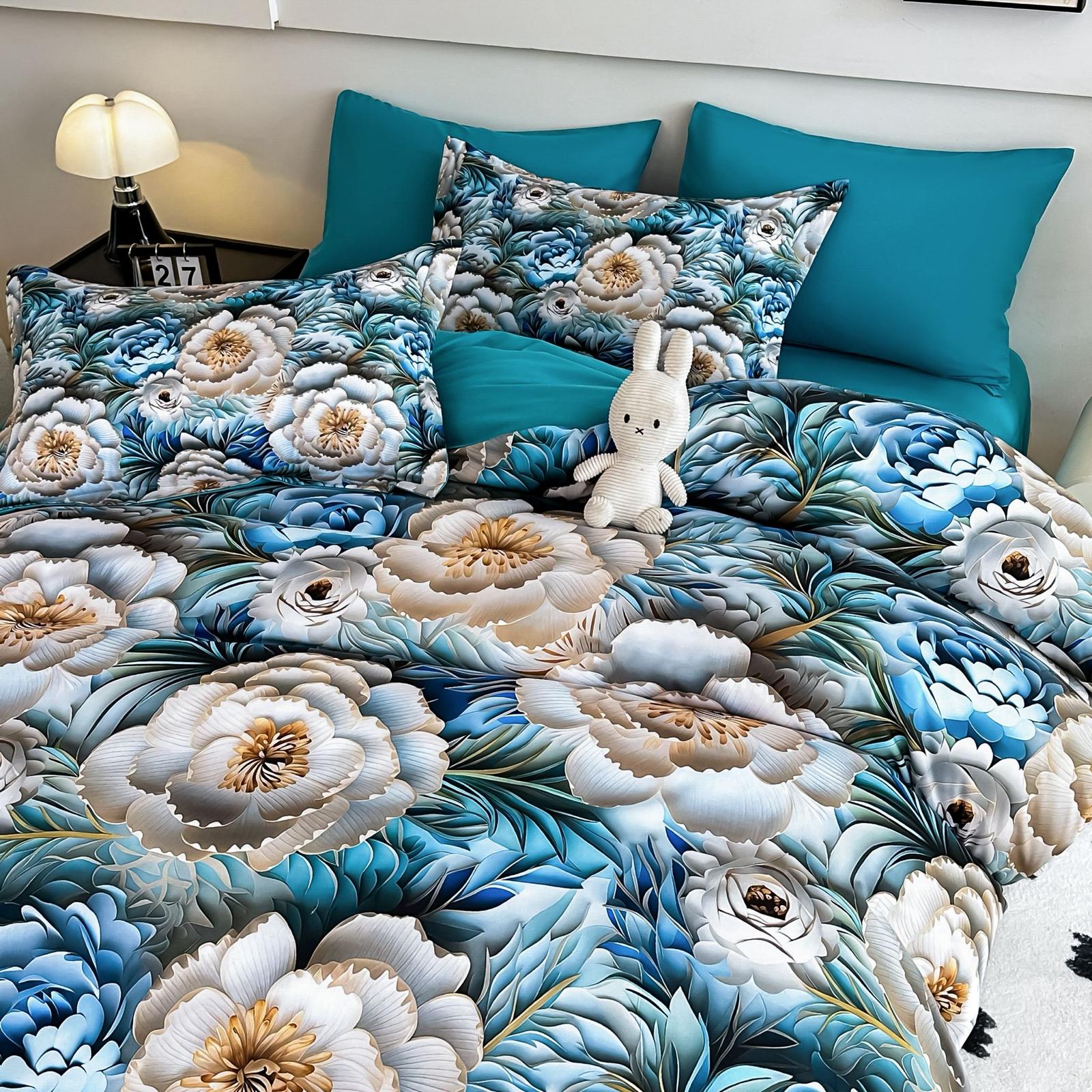 Lenjerie pat dublu, 6 PIESE, 5D, Bumbac Finet, Floricele, Turcoaz, J1239